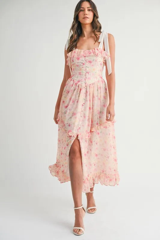 Floral Blush Pink Shoulder Strap Midi Summer Dress - Women's Flowy Casual Sundress for Beach, Vacation & Outdoor Parties