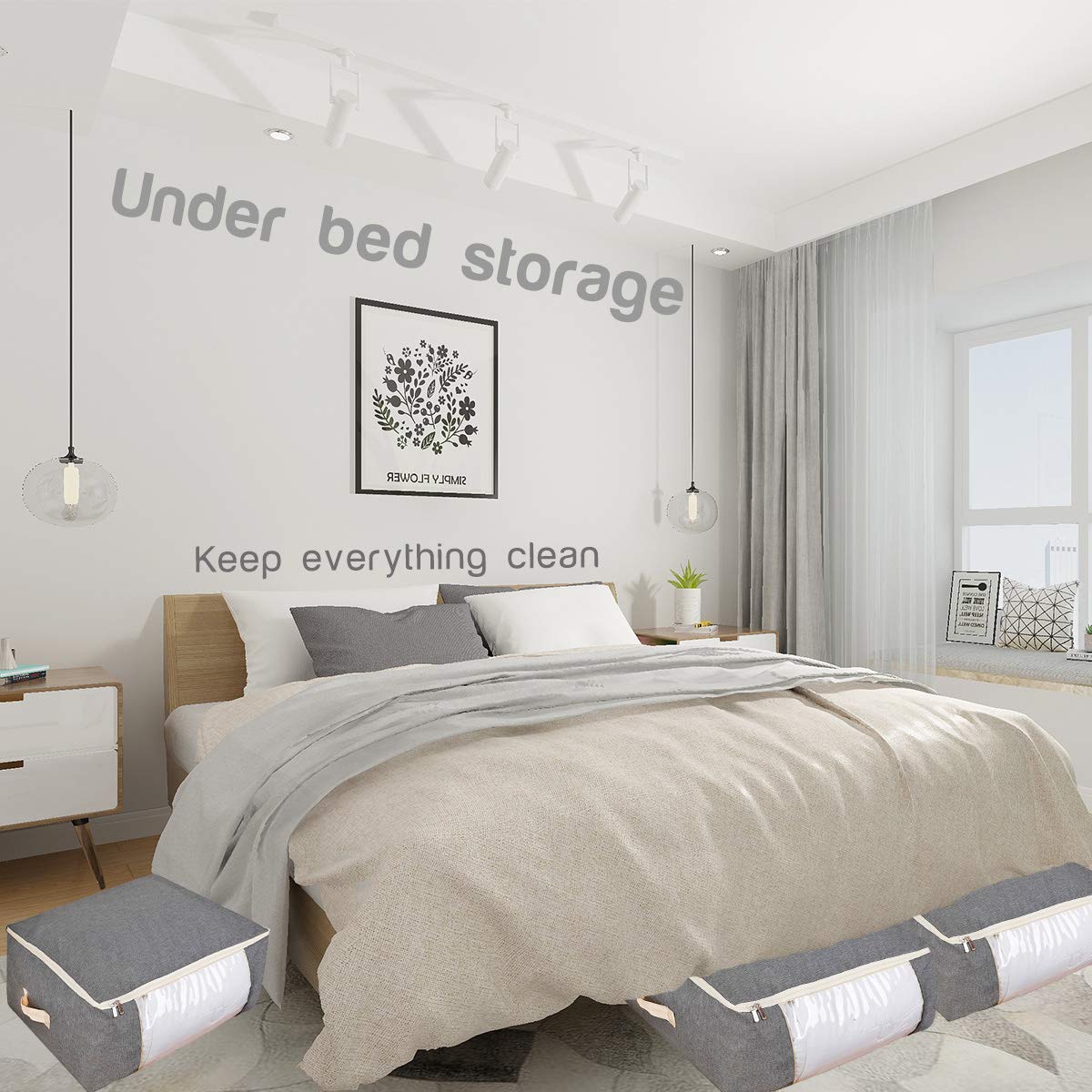 Qozary 3-Pack Large Under Bed Storage Bags for Comforters, Blankets, Clothes, Quilts & Towels - Heavy Duty Vacuum Seal Organizer (Gray, 53L - 22.8x15.7x9 Inches) - Perfect for Bedroom Closet, Seasonal Storage & Space Saving Solutions