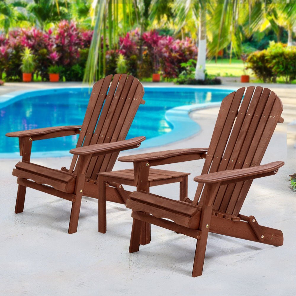 3PC Adirondack Outdoor Table and Chairs Set - Foldable Wooden Patio Furniture for Garden, Beach, Poolside - Weather-Resistant Brown Finish for Backyard Relaxation