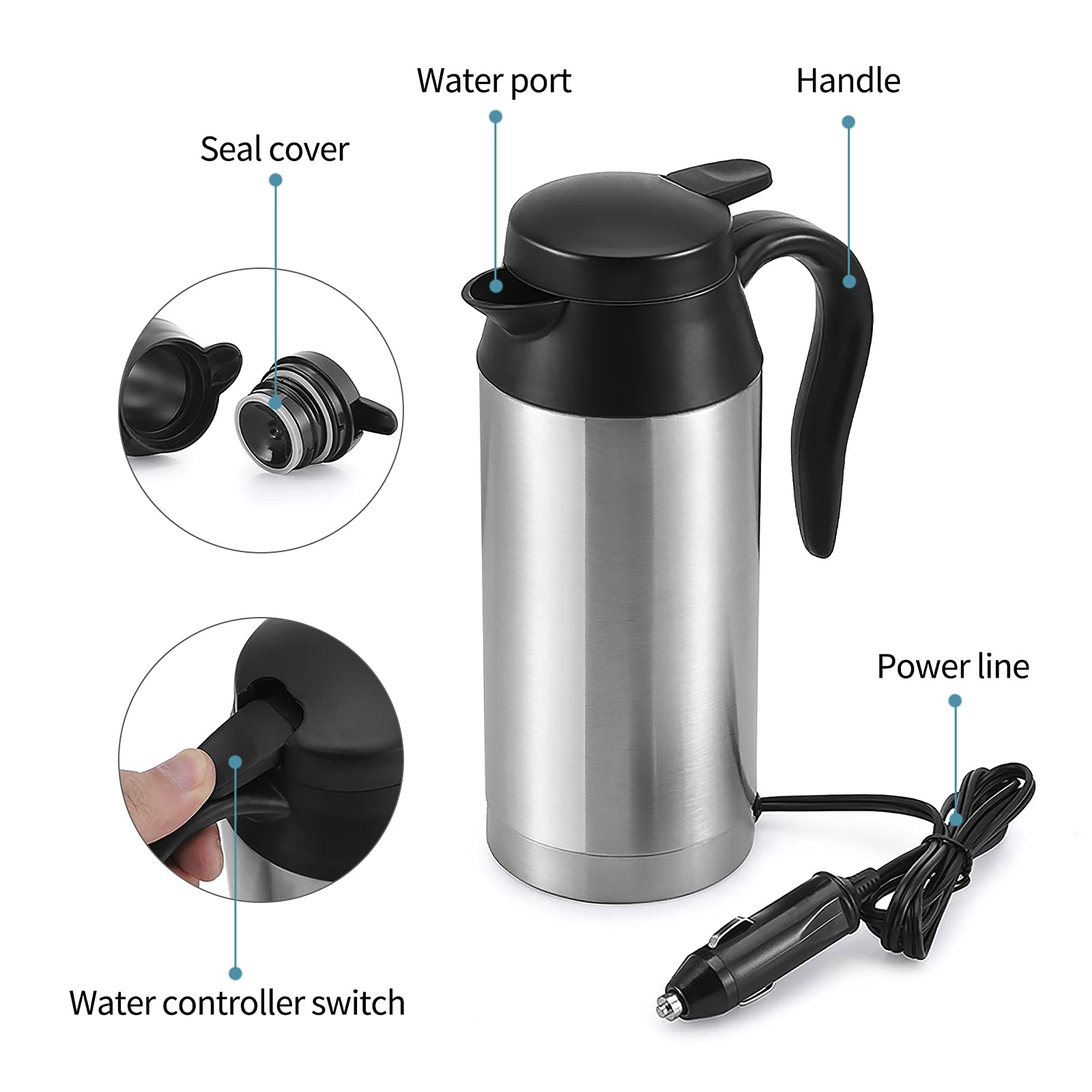 Sunsbell 650ml Portable Electric Car Kettle - 12V Stainless Steel Travel Mug with DC Charger | Fast Water Boiler & Coffee Warmer for Road Trips, Camping & Office Commute (Silver)