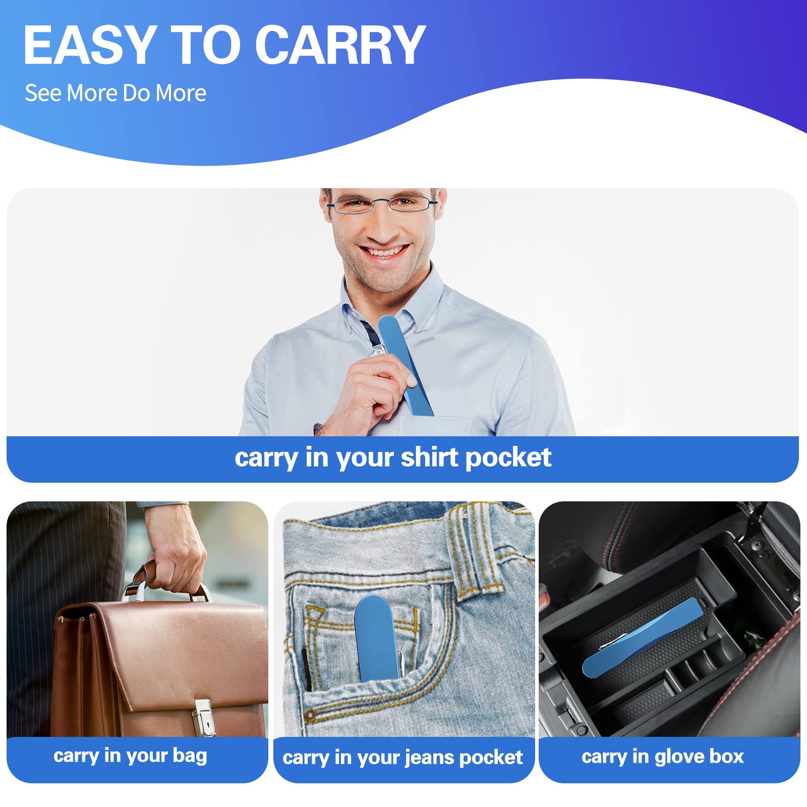 I-Mag Mini Slim Metal Spring Hinge Reading Glasses with Slide Open Hard Case - Blue +1.50 Magnification for Men & Women - Lightweight Eyewear for Reading, Office Work & Travel
