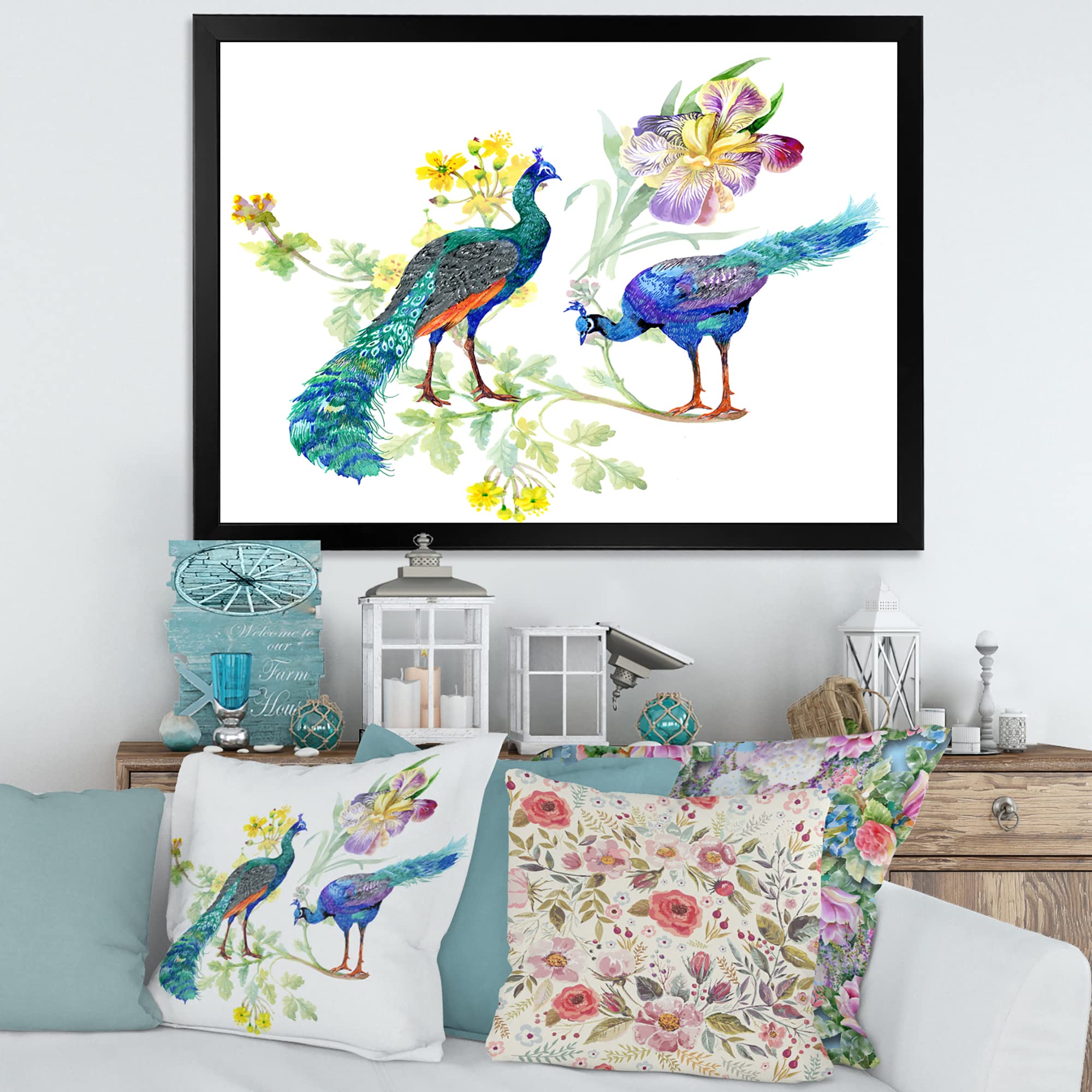 Peacock and Iris Floral Traditional Framed Wall Art Decor - Elegant Home & Office Wall Decor for Living Room, Bedroom, Dining Area