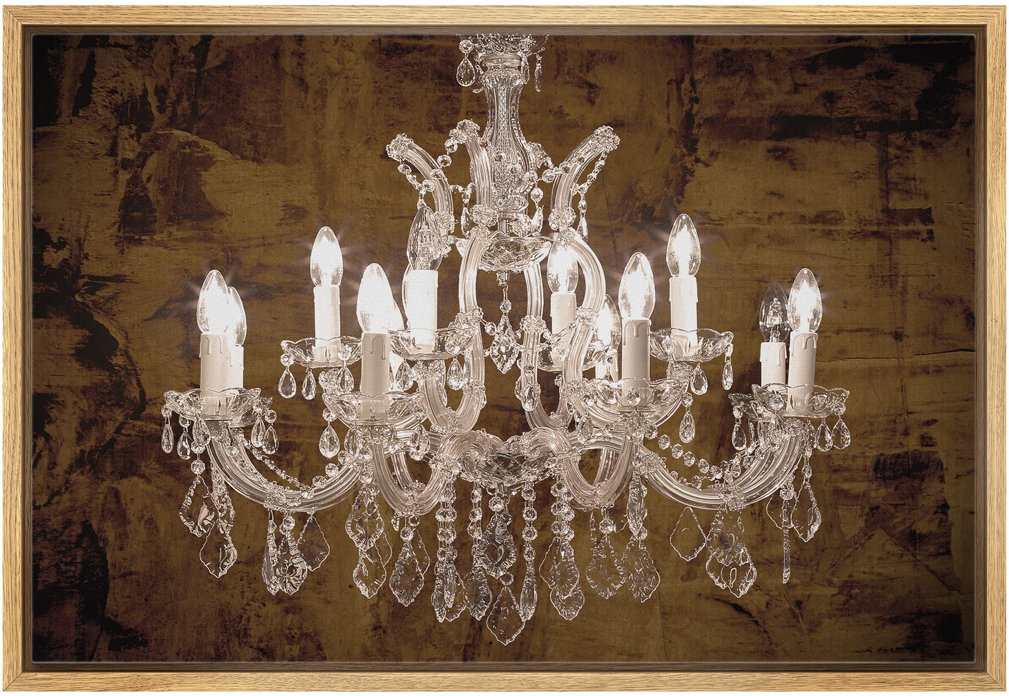 Brown Grunge White Crystal Chandelier Framed Canvas Wall Art - 24x36 Inch Modern Digital Print for Living Room, Bedroom & Office Decor | Elegant Home Decoration for Relaxing & Calming Atmosphere