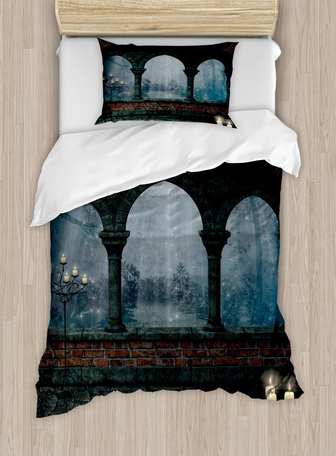 Ambesonne Gothic Duvet Cover Set - Medieval Castle Night Scene with Arch & Candles, Vintage Misty Design - 2 Duvet Covers & 4 Pillowcases, Queen Size Bedding Set (Blue Grey & Red) - Perfect for Gothic Bedroom Decor, Halloween Themed Rooms & Medieval Style Home Interiors