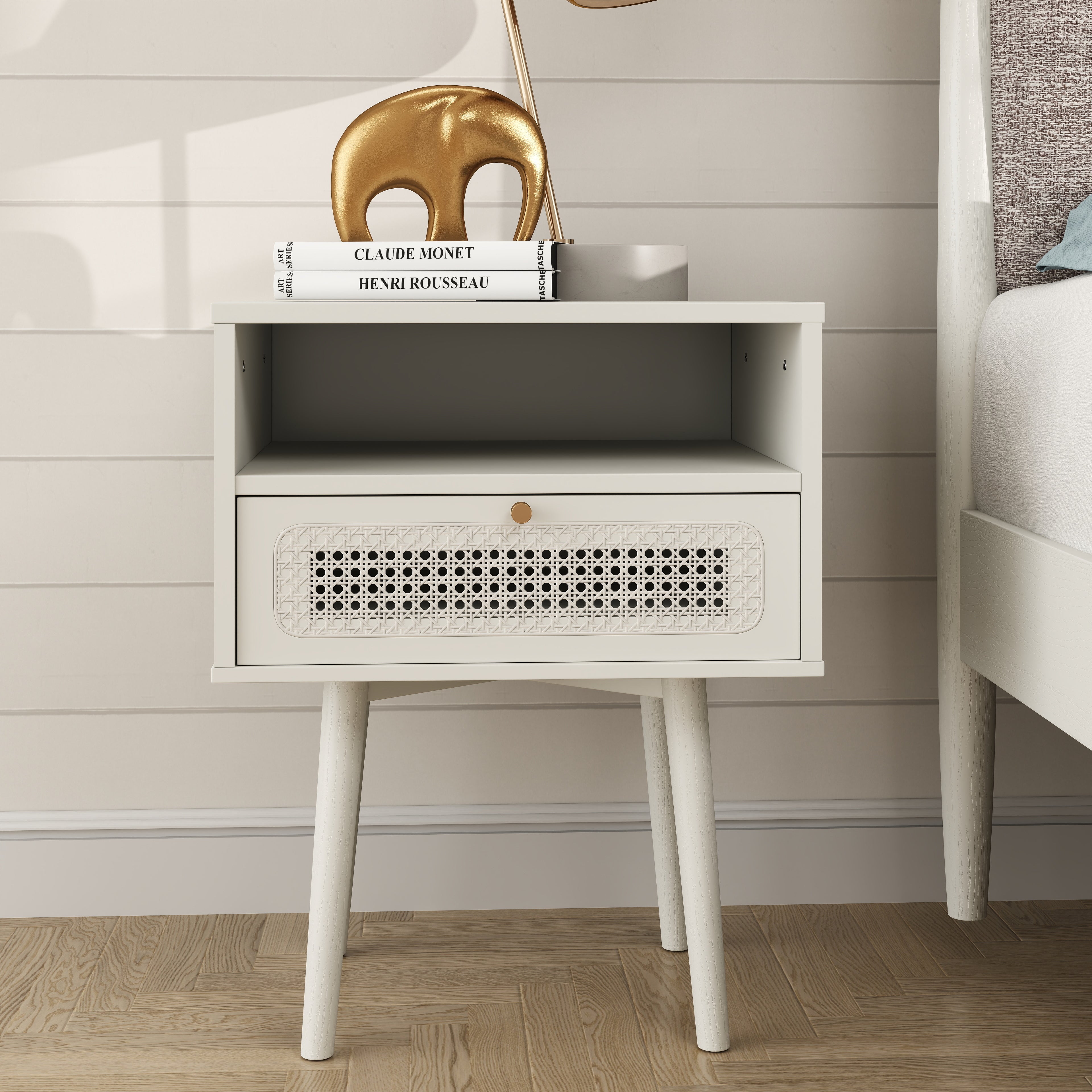 Roundhill Furniture Feeney 2-Piece Queen Bedroom Set - Cream White Platform Bed with Nightstand | Modern Minimalist Bedroom Decor for Small Spaces & Guest Rooms
