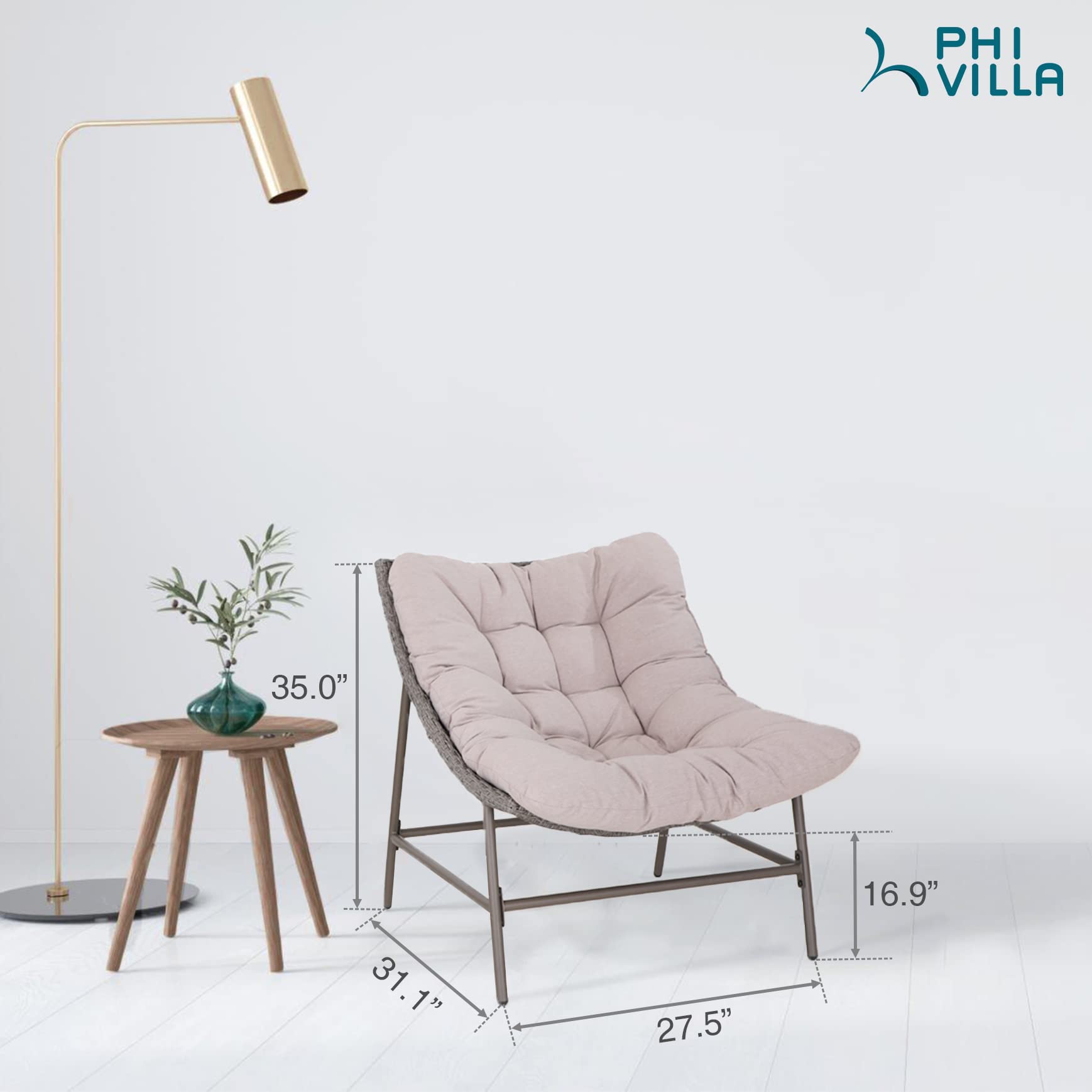 PHI VILLA Outdoor Papasan Chairs Set of 2 - Oversized Wicker Rattan Conversation Chairs with Cushions & Sturdy Steel Frame - Comfy Reading Lounge Chairs for Patio, Porch, Deck, Balcony & Garden - Perfect for Relaxing, Sunbathing & Outdoor Conversations