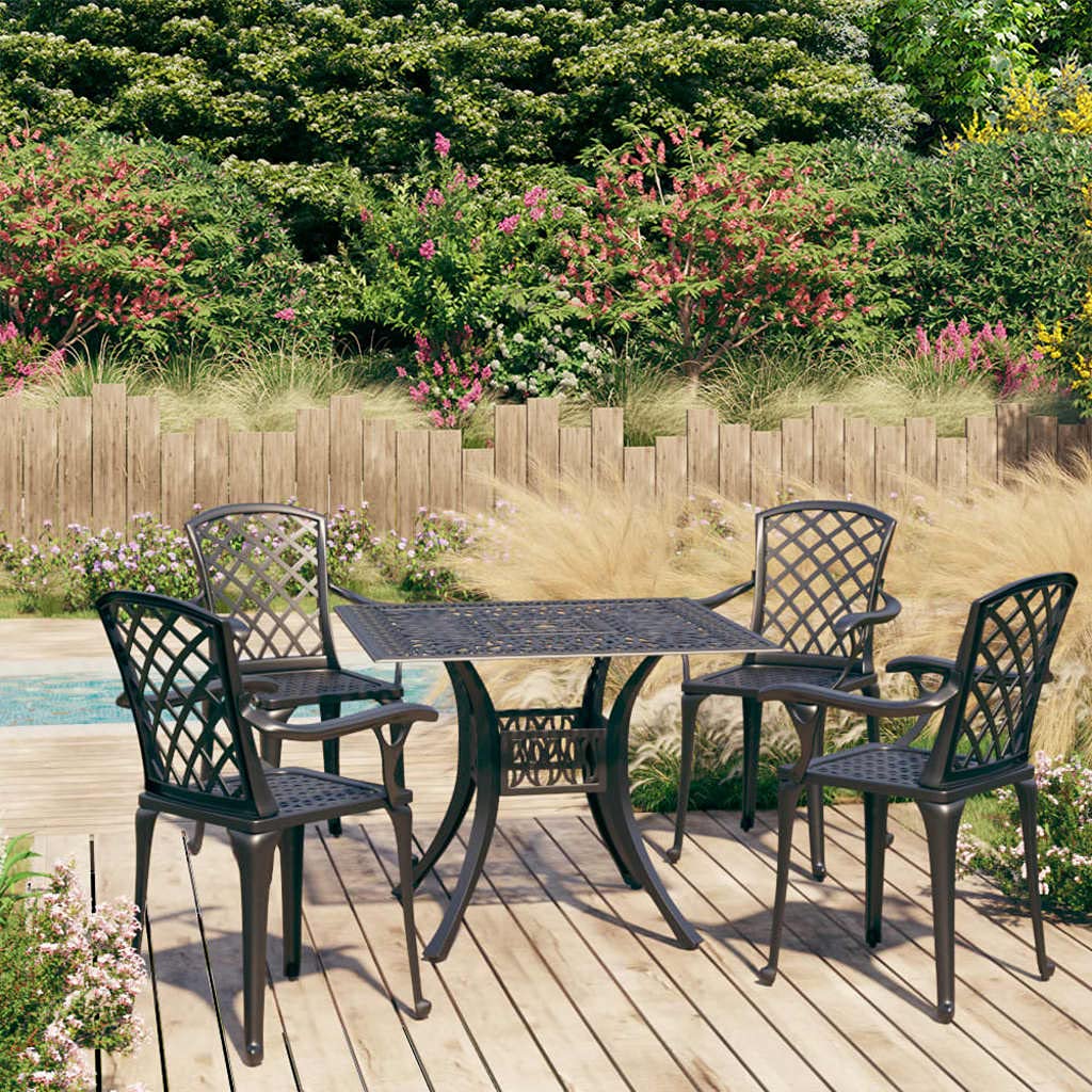 vidaXL 5-Piece Black Cast Aluminum Bistro Set - Weather-Resistant Patio Dining Table & 4 Chairs for Outdoor Garden, Balcony, or Poolside Use