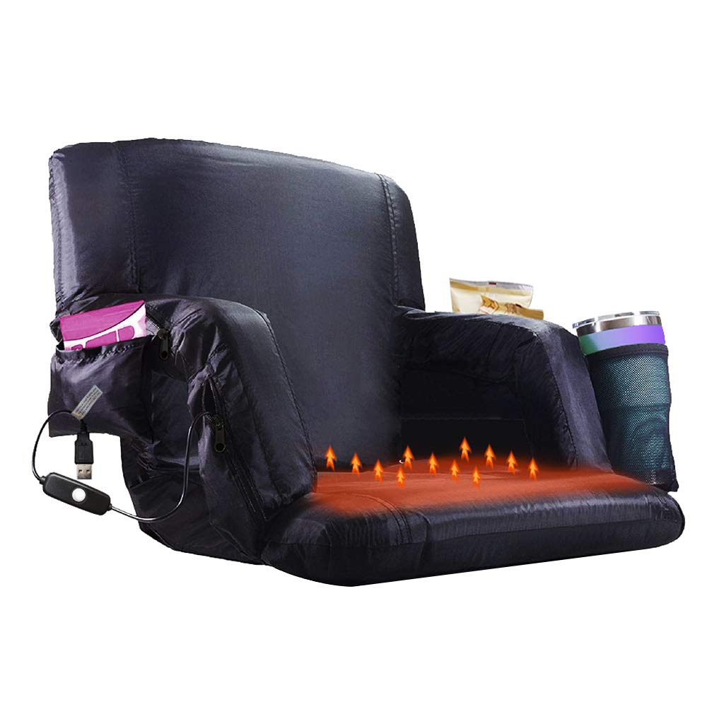 Blufree Heated Stadium Bleacher Seat - Foldable Portable Heated Chair with 6 Reclining Positions & Back Support - Thick Cushion Outdoor Chair for Football, Baseball, Soccer Games & Camping (USB Power Bank Not Included)