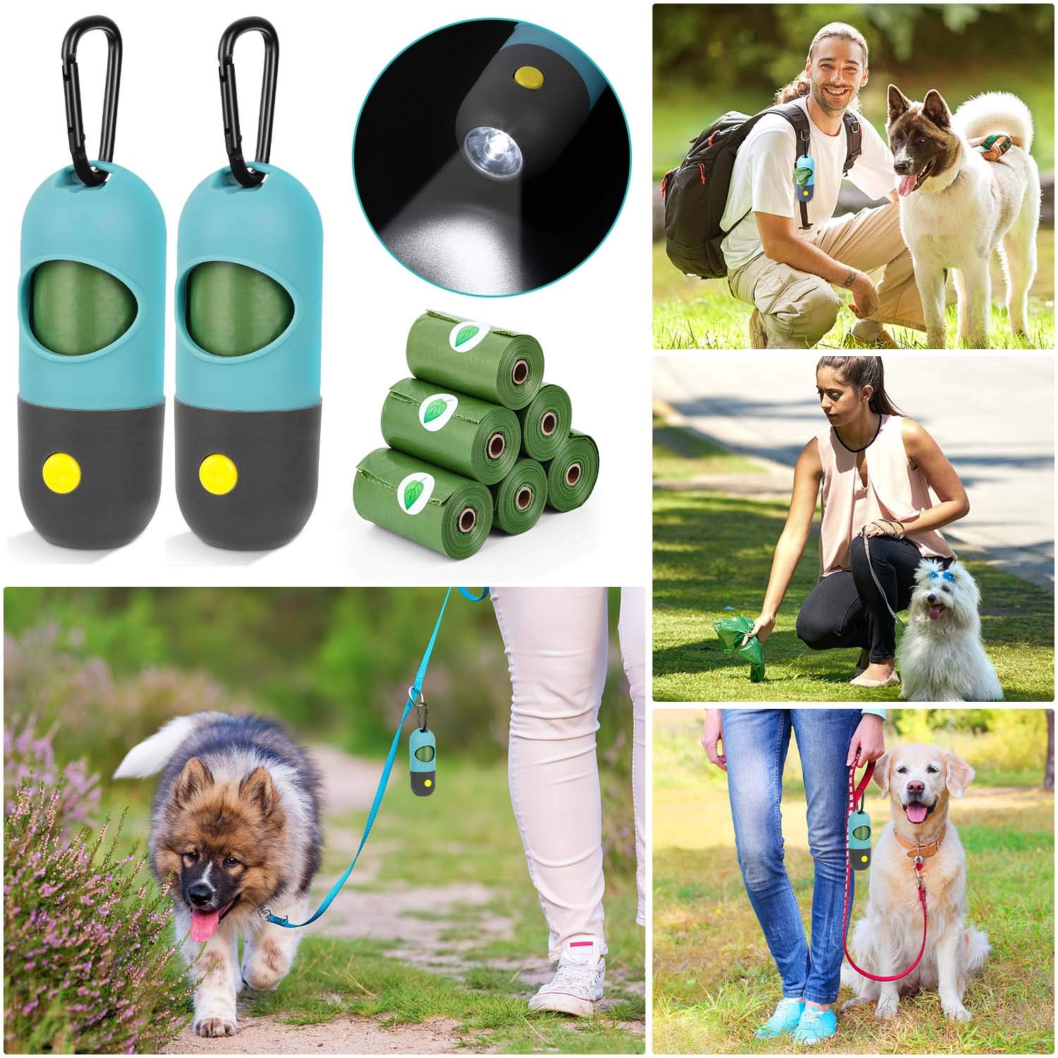 LED Dog Poop Bag Holder with Flashlight - 2 Pack Leash Attachment Waste Bag Dispenser with Carabiner Clip & 6 Rolls Included - Convenient for Night Walks, Park Visits, and Travel with Your Pet