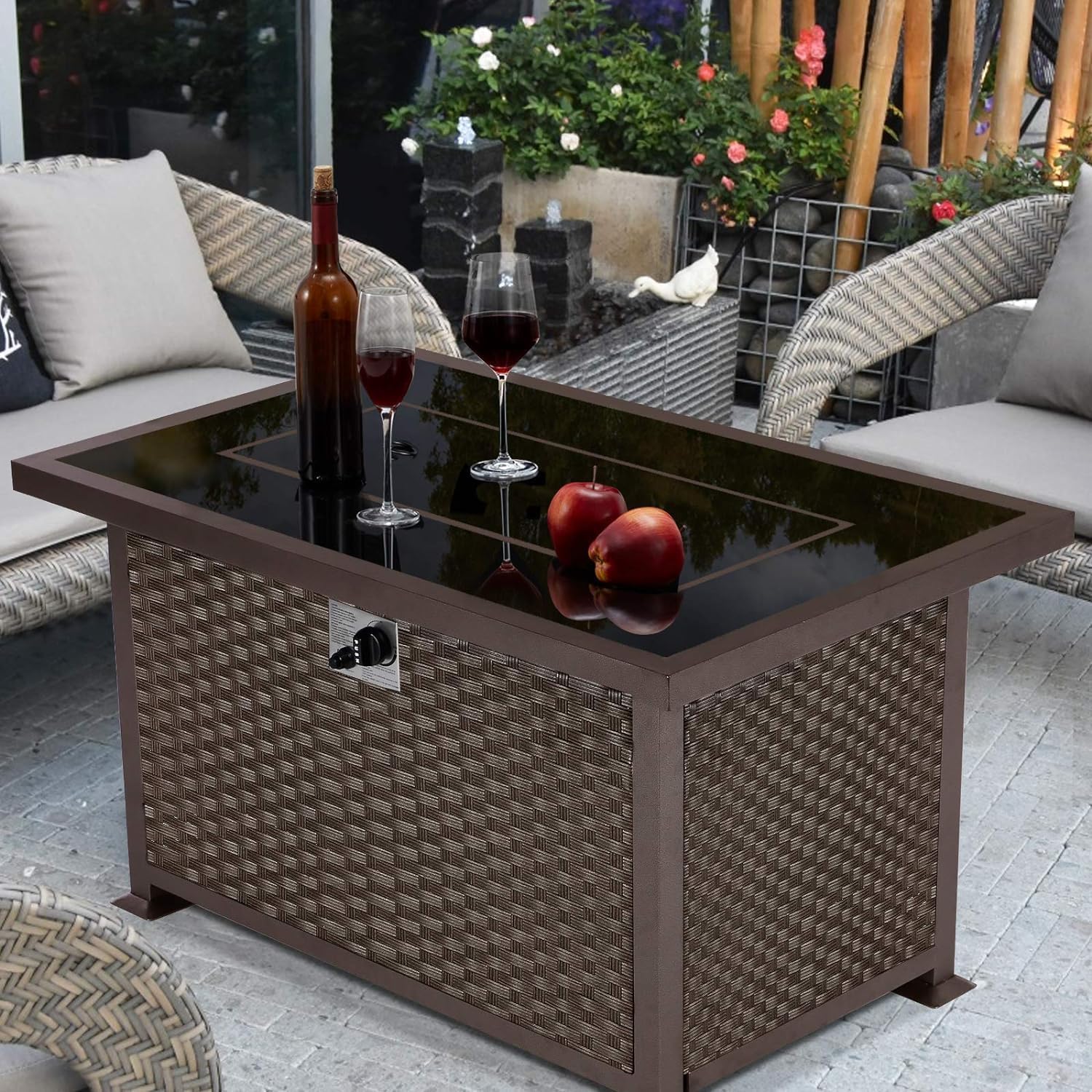 U-MAX 44 Inch Outdoor Propane Fire Pit Table - 50,000 BTU Auto-Ignition Gas Fire Pit with Wind Guard, Black Tempered Glass Top & Blue Fire Glass Rocks, Brown PE Wicker, CSA Certified - Perfect for Patio, Backyard, Deck and Garden Gatherings