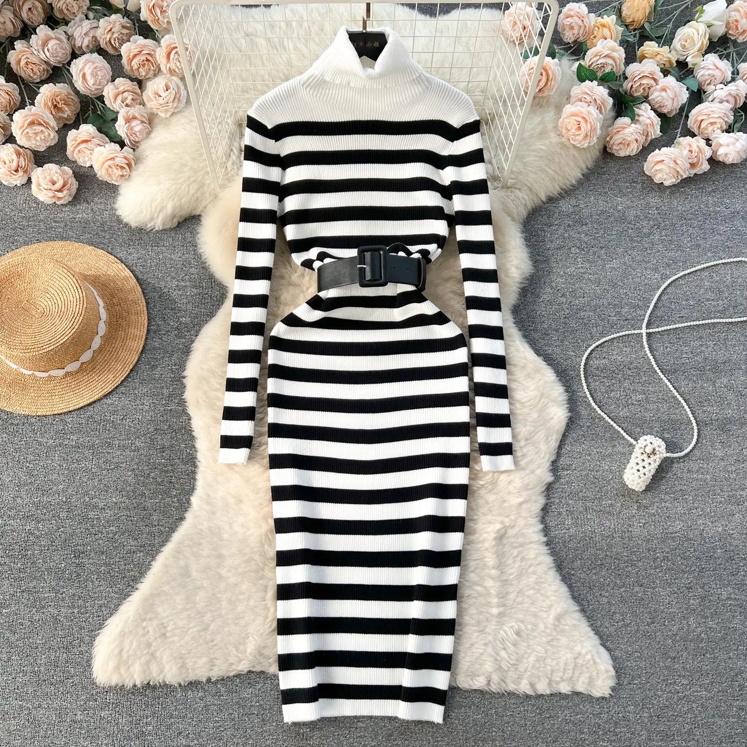 Women's French Style Autumn Winter Patchwork Stripe Knit Long Dress - Medium Length High Neck Warm Loose Slim Sweater Dress for Casual Outings & Holiday Parties