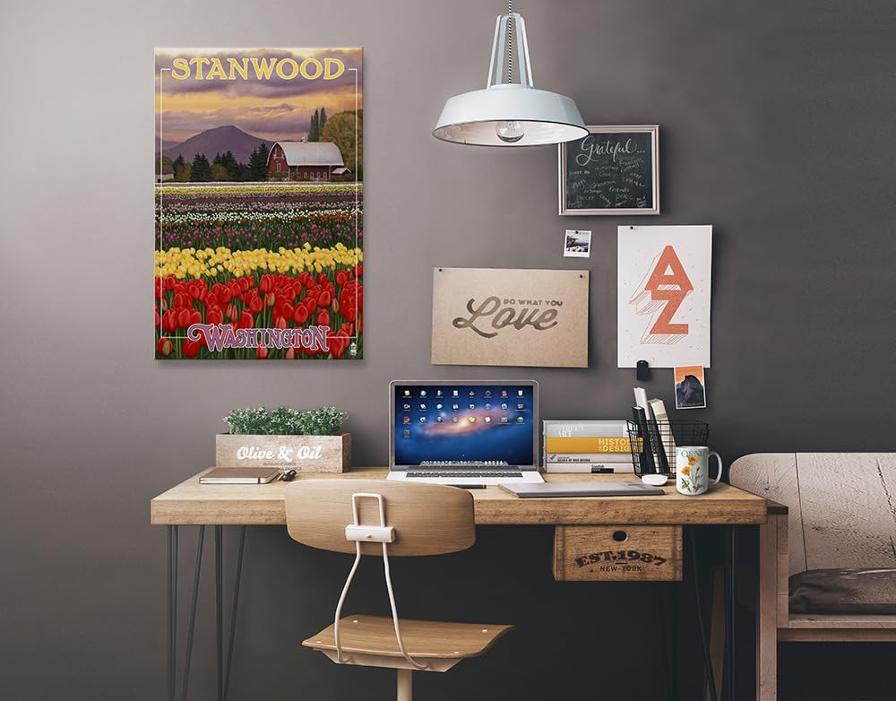 Lantern Press Tulip Fields Wall Art - 16x24 Wrapped Canvas Print - Washington Landscape Painting - Home & Office Decor for Living Room, Bedroom, Kitchen