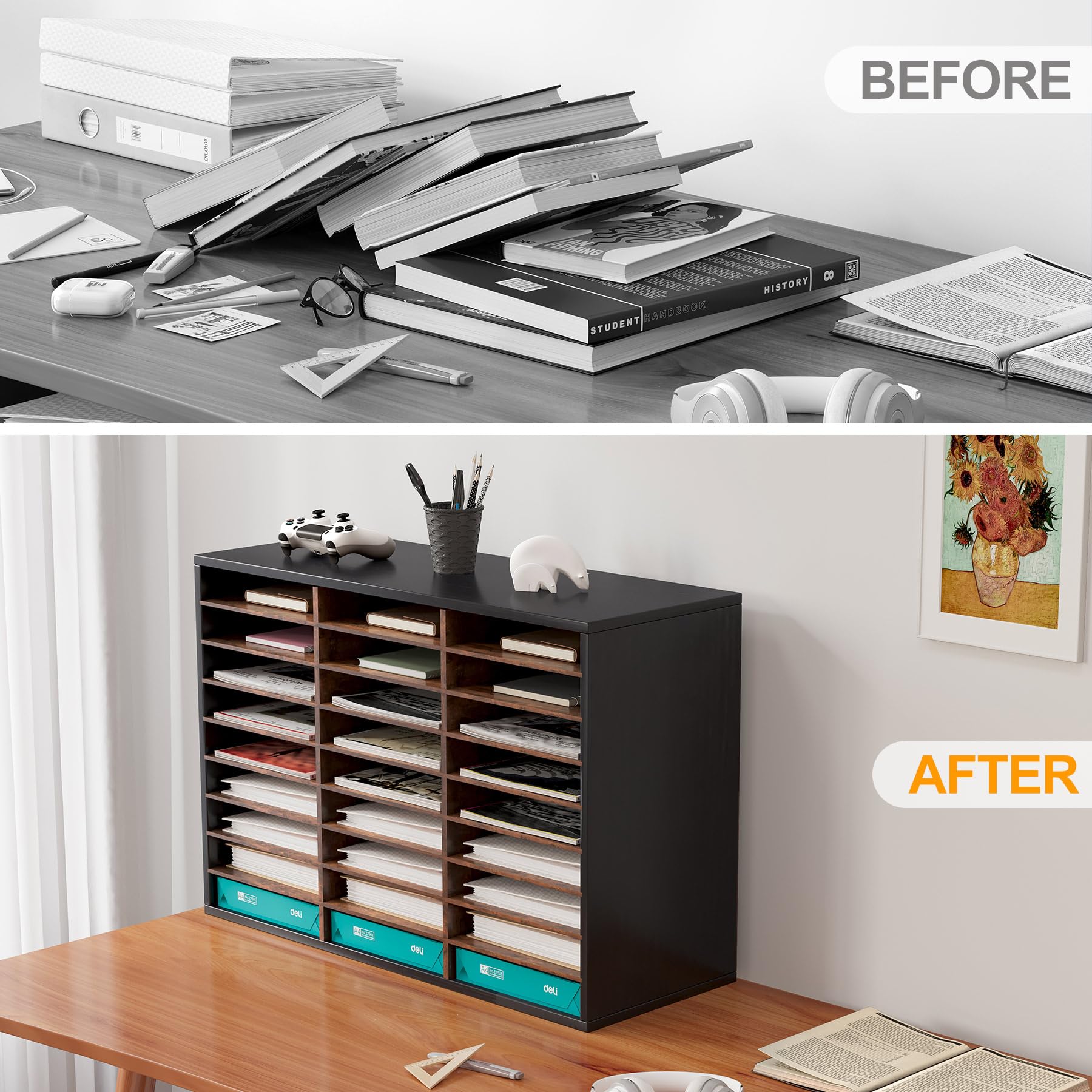 TQVAI 27-Slot Wooden Mail Sorter Organizer - Classroom & Office Mailbox for Paper, Letters & Files - Black/Antique Finish - Perfect for Home Office, Teacher Desk & School Organization