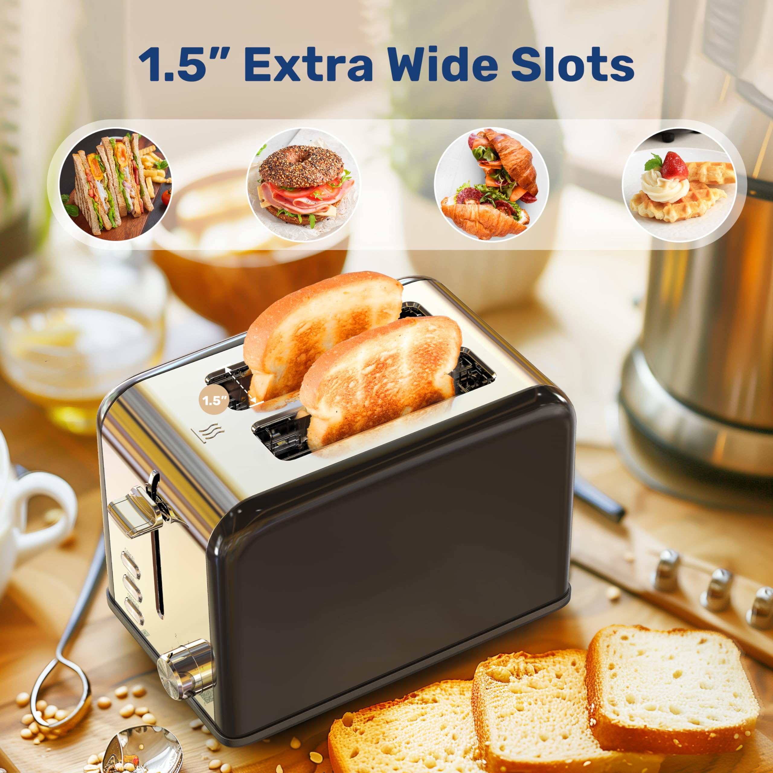YSSOA 2-Slice Stainless Steel Toaster with 6 Browning Settings & 3 Functions - Extra Wide Slots for Bread, Bagels & Waffles - Removable Crumb Tray - Perfect for Breakfast, Office & Dorm Rooms - Black