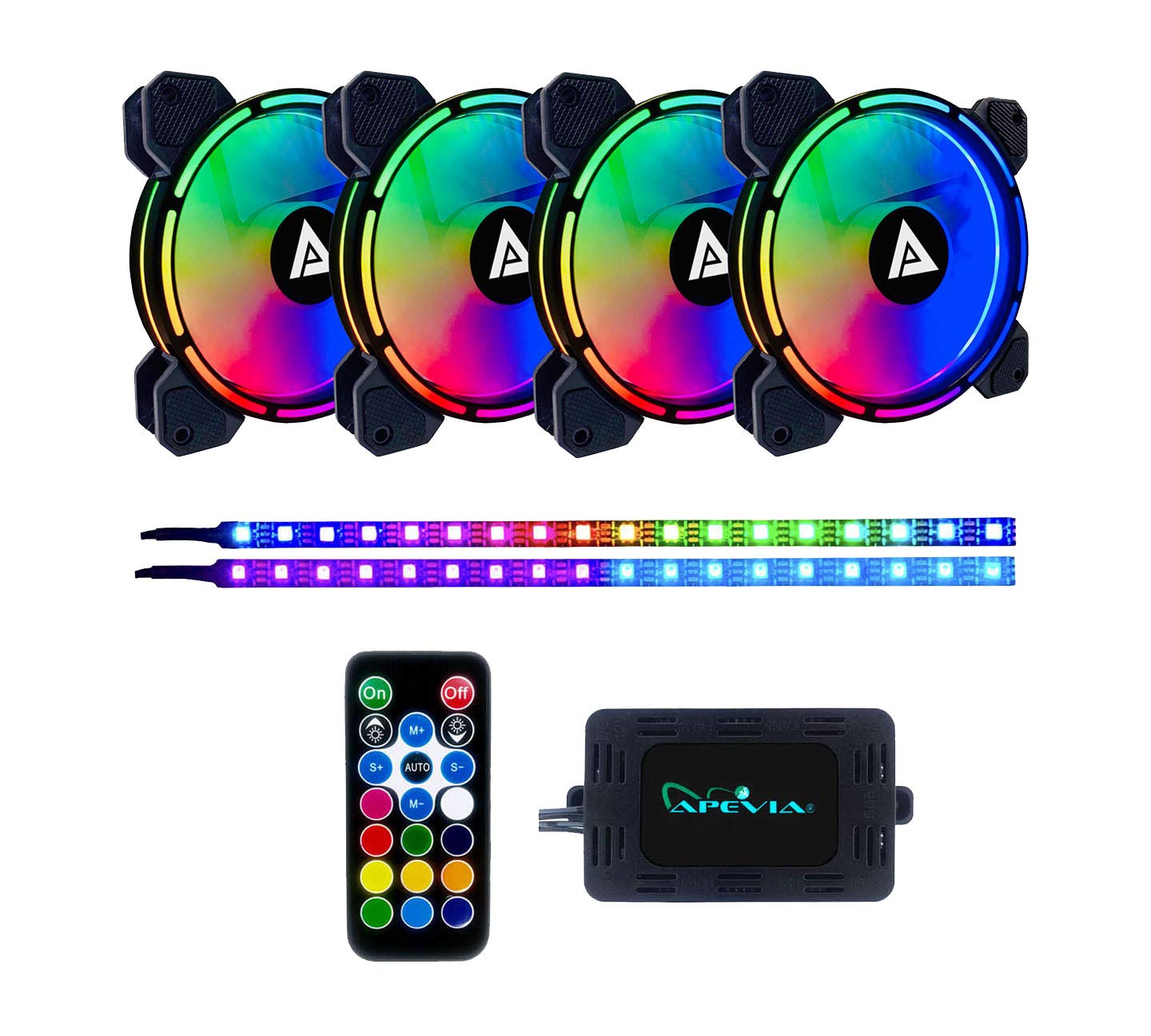 Apevia AC42-RGB 120mm RGB LED PC Cooling Fan with Remote Control, 16 LEDs & Anti-Vibration Pads - 2 Magnetic LED Strips Included (4+2 Pack) - Perfect for Gaming PCs, Workstations & Custom PC Builds