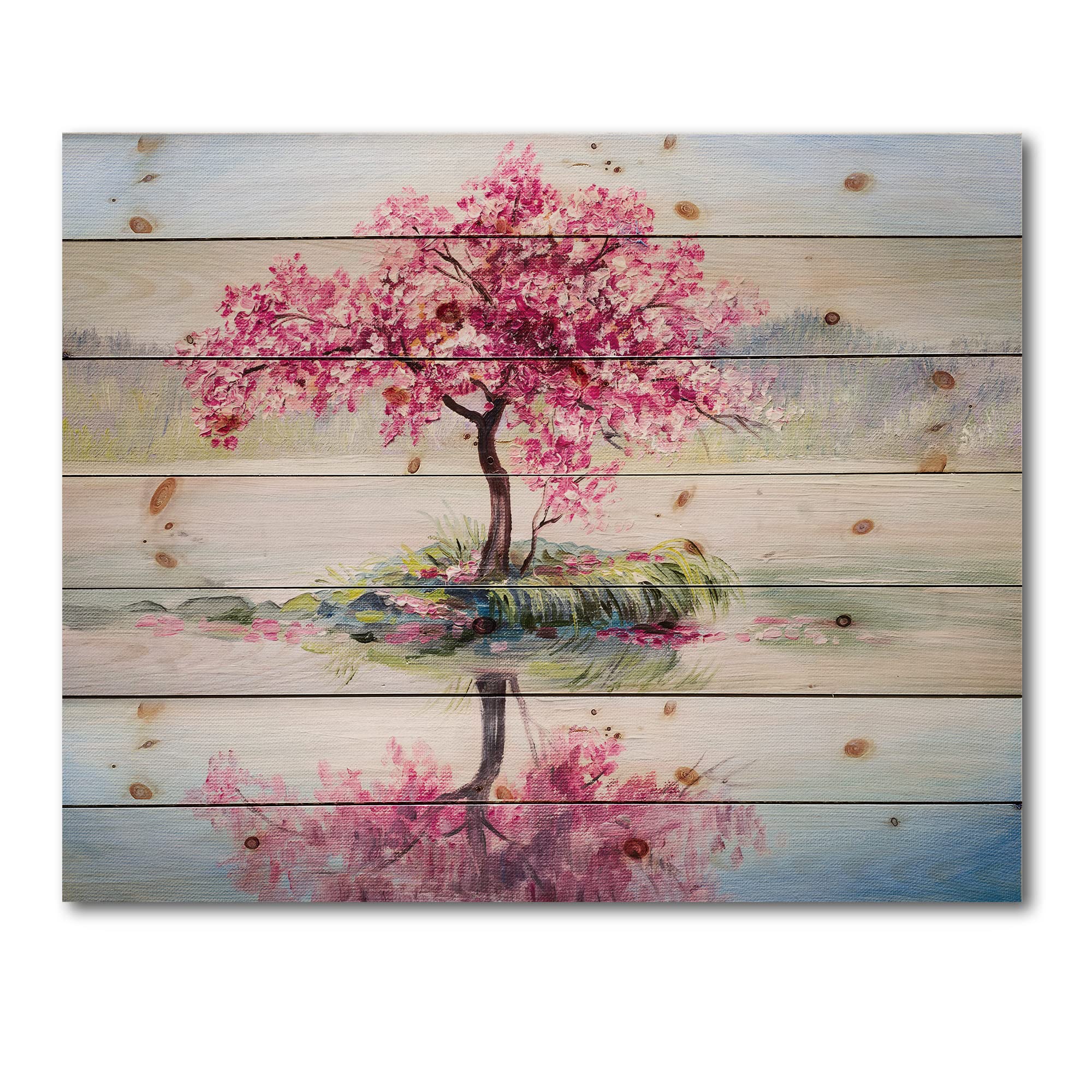 DesignQ Oriental Cherry Tree Sakura Lake House Wood Wall Decor - Pink Wood Wall Art, Large Landscape Wood Panels Printed on Natural Pine - Perfect for Living Room, Bedroom & Office Decor