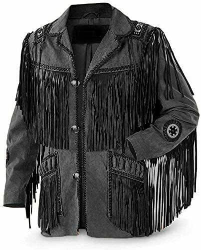 Men's Western Cowboy Jacket with Fringed Beads - Native American Style Suede Leather Coat for Rodeo, Halloween & Western Fashion