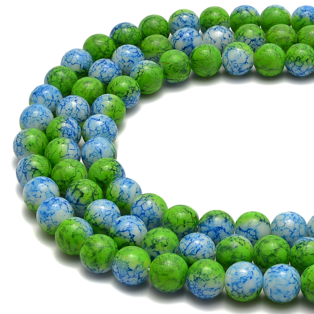 Blue Green Printed Glass Smooth Round Beads - 6mm, 8mm, 10mm, 15.5 Strand - DIY Jewelry Making, Bracelet & Necklace Craft Supplies