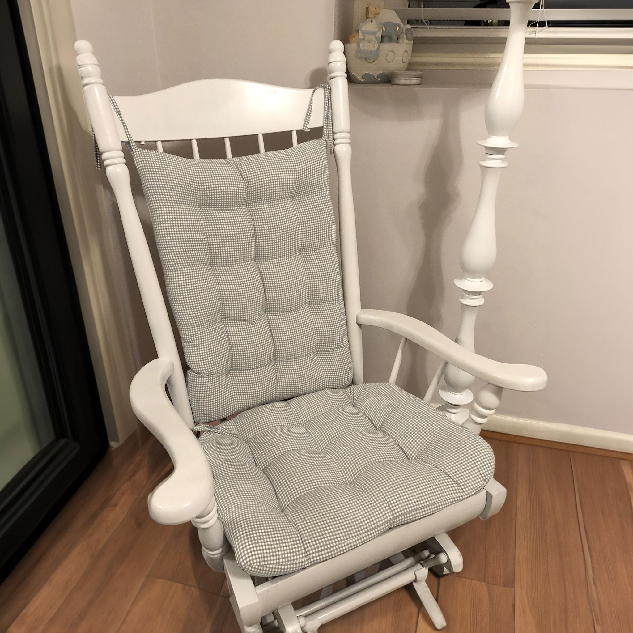 **Barnett Home Decor Madrid Grey Rocking Chair Cushions - Extra-Large Seat & Back Cushion Set with Ties - Reversible Latex Foam Fill - Made in USA (XL Gray White Gingham) - Perfect for Porch, Patio & Nursery Rocking Chairs**