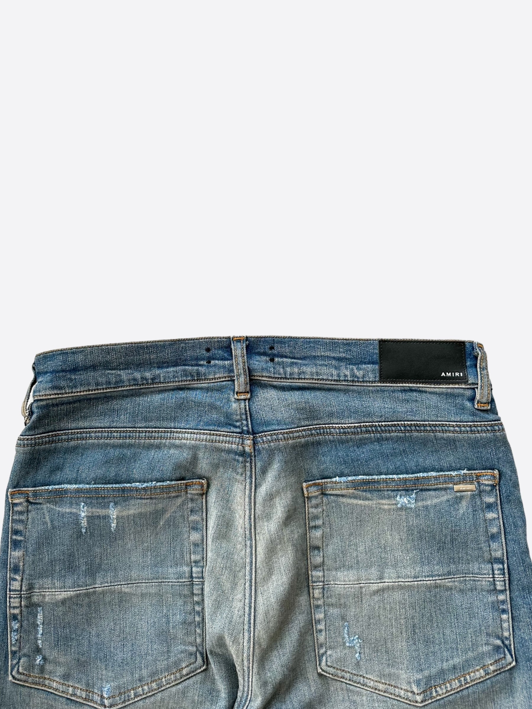 Amiri MX1 Jeans for Men - Blue & Red Patch Distressed Denim Pants | Stylish Slim Fit Skinny Jeans for Casual Wear & Night Out