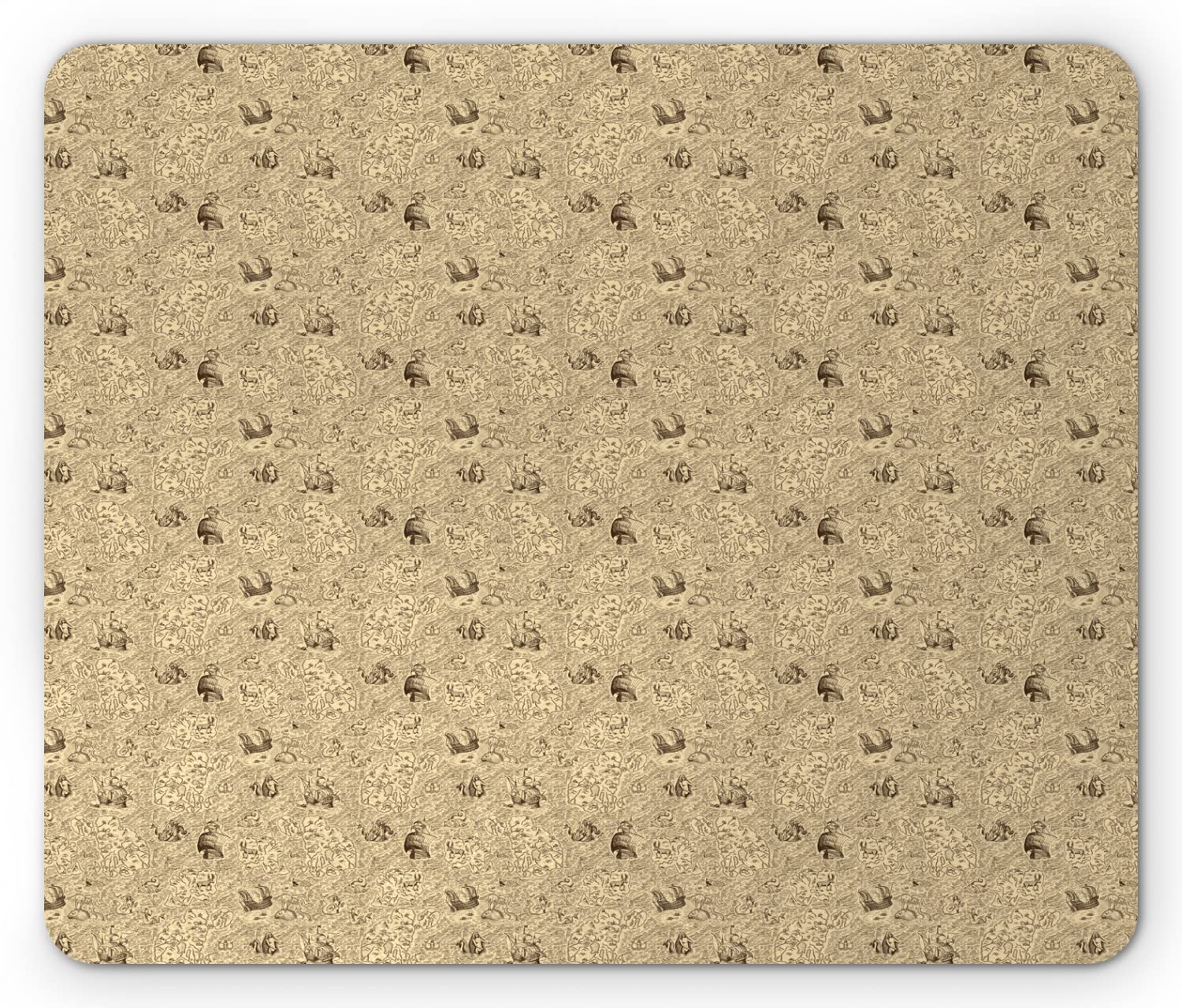 Vintage Mouse Pad - Monochrome Old Grunge Map Design with Nautical Elements, Non-Slip Rubber Base, Standard Size (9