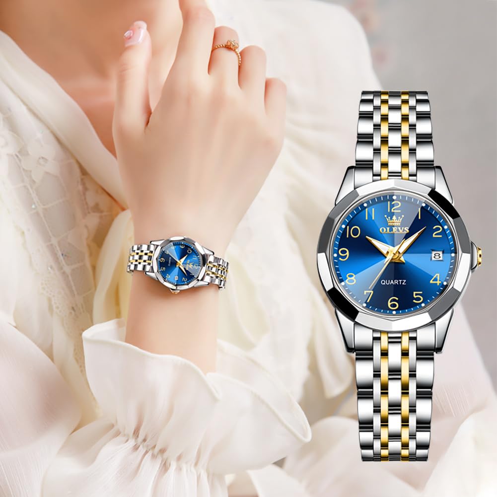 OLEVS Women's Classic Dress Watch - Analog Quartz Stainless Steel Waterproof Wristwatch with Luminous Hands, Day/Date Display, Two-Tone Design | Perfect for Office, Formal Events & Everyday Wear
