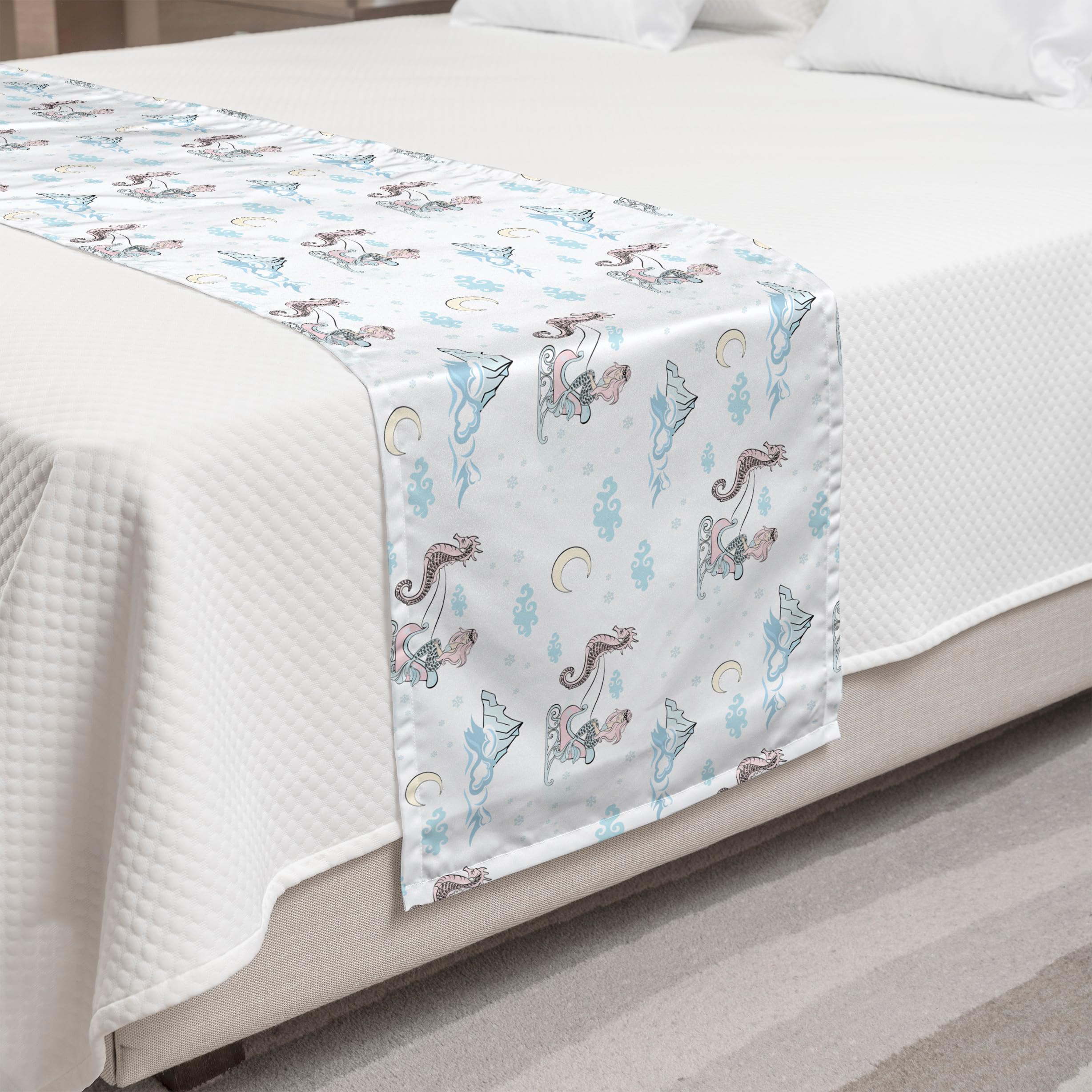 Ambesonne Mermaid Bed Runner - Fantasy Sea Horse Sleigh with Sky Clouds & Moon Design | Decorative Queen Size Bed Scarf for Hotels, Homes & Guest Rooms | Blue & Pale Pink | Perfect for Coastal, Nautical & Mermaid-Themed Bedrooms
