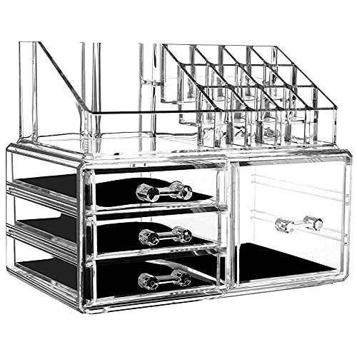 Clear Acrylic Makeup Organizer with 4 Drawers - Large Stackable Cosmetic Storage Box for Vanity & Bathroom (Set of 2) - Perfect for Organizing Skincare, Makeup Brushes, and Beauty Products
