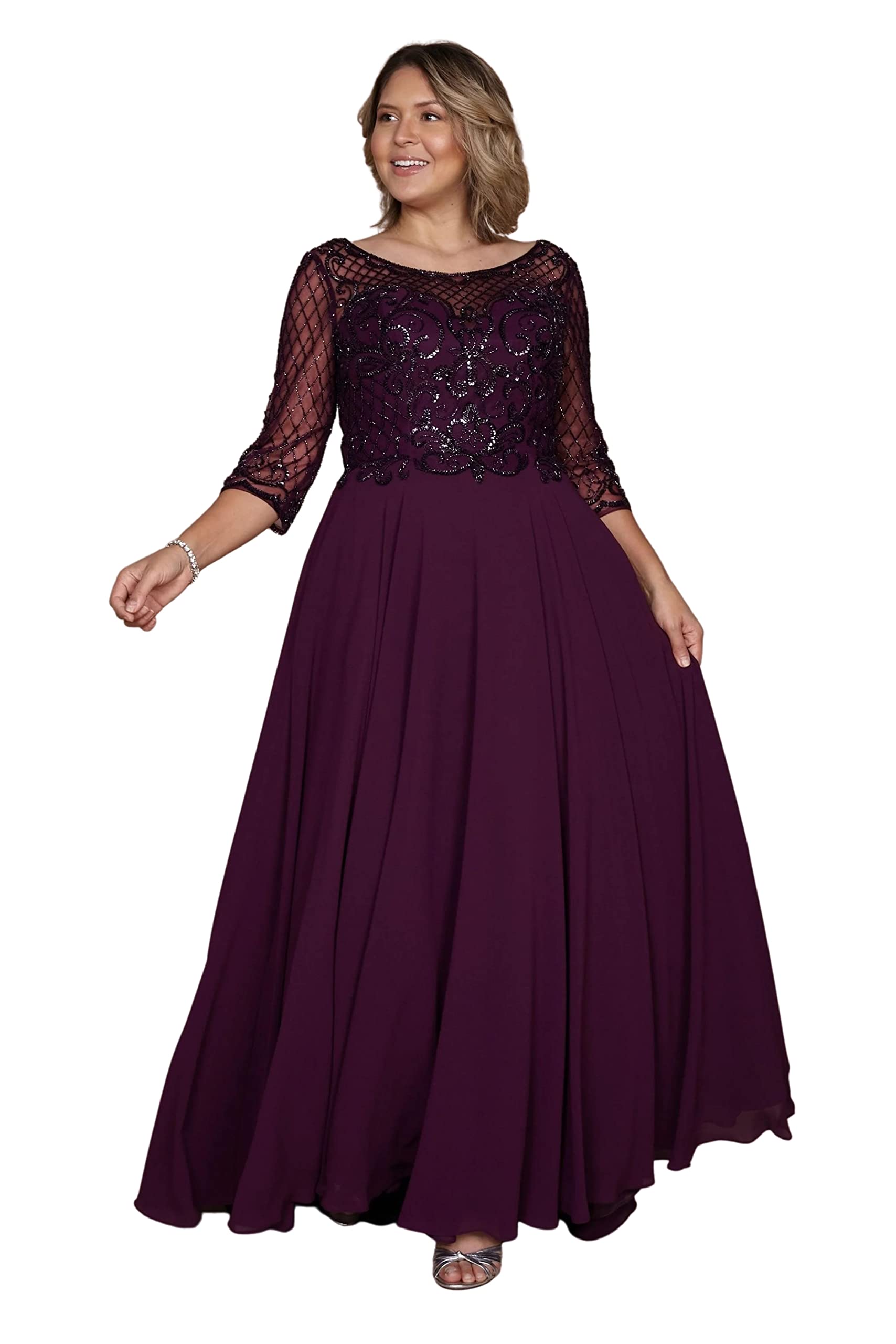 Elegant Plus Size Mother of The Bride Dress - Long Sleeve Beaded Formal Evening Gown for Weddings, Parties & Special Occasions