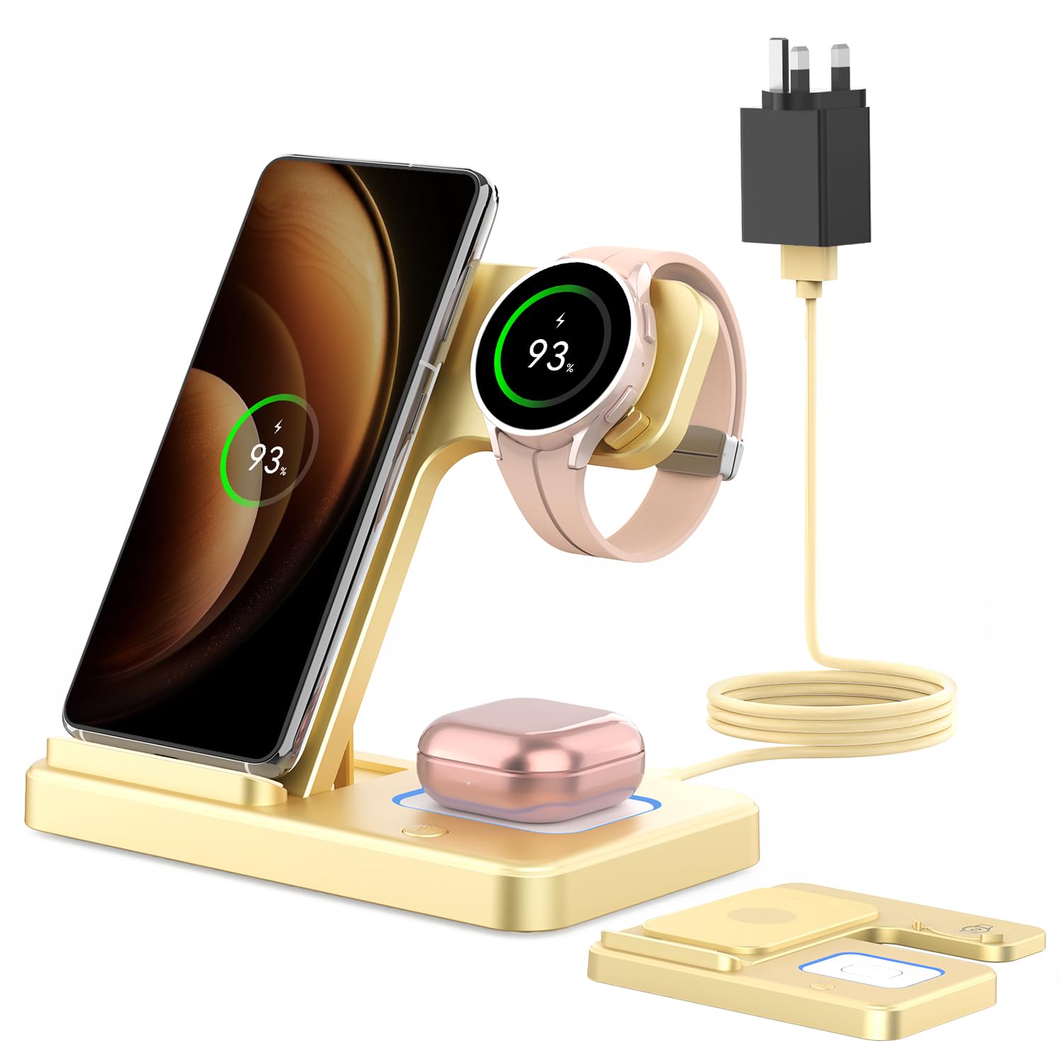 GEEKERA 3-in-1 Wireless Charging Station for Samsung Galaxy S24/S23/Z Fold/Flip, Fast Charger for Galaxy Watch 7/6/5/4/3 & Buds - Foldable Dock Station (Gold) | Perfect for Home, Office & Travel Charging Needs