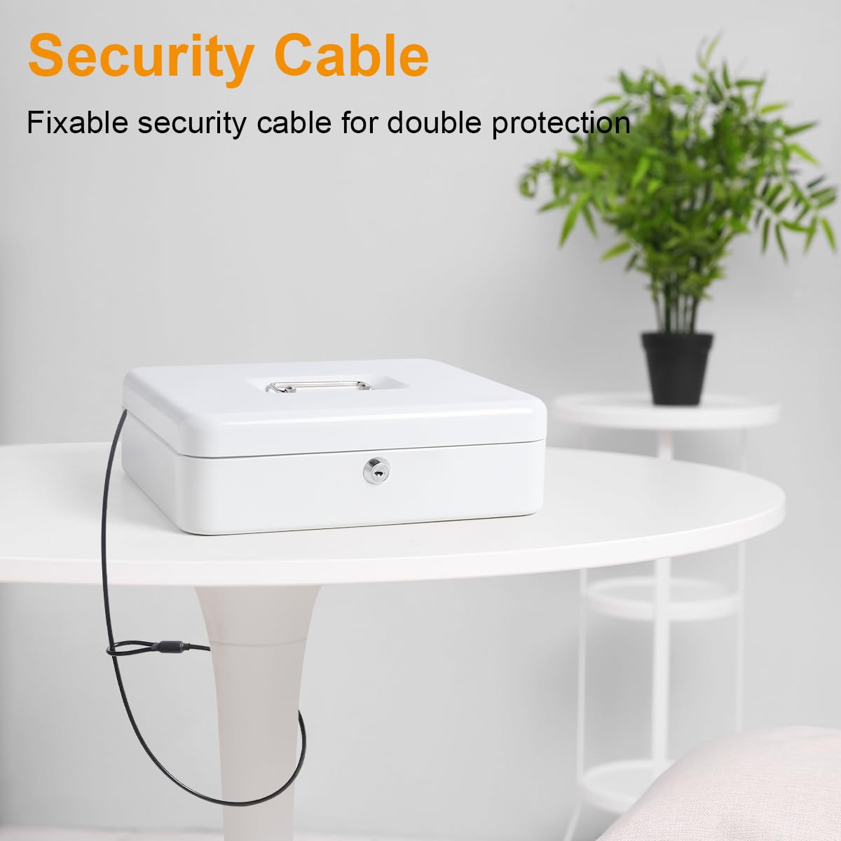 Secure White Cash Box with Money Tray & Key Lock - 11.8x9.5x3.5 Inch Large Money Organizer with Security Cable - Perfect for Retail Stores, Events, and Home Cash Management