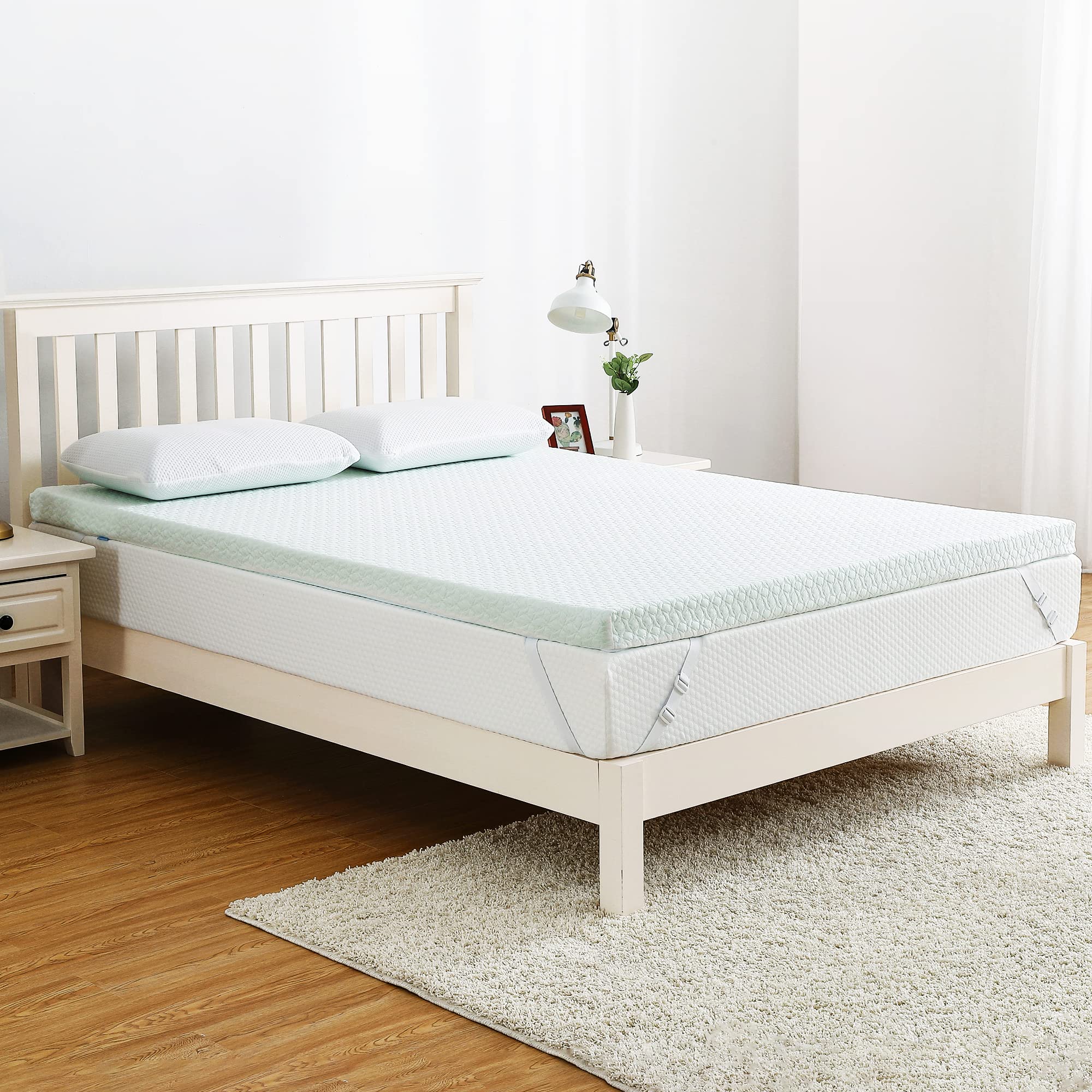 Homhougo 3 Inch Green Tea Memory Foam Mattress Topper with Zippered Bamboo Cover - Full Size Cooling Mattress Pad for Pressure Relief & Back Pain - Perfect for Bedroom, Guest Room & Dorm Comfort