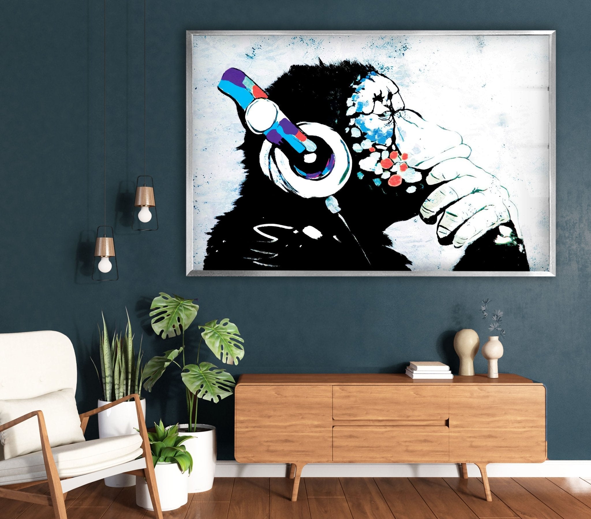 Banksy DJ Monkey Glass Wall Art - Modern Home Decor for Living Room, Bedroom & Office - Unique Street Art Gift for Music Lovers