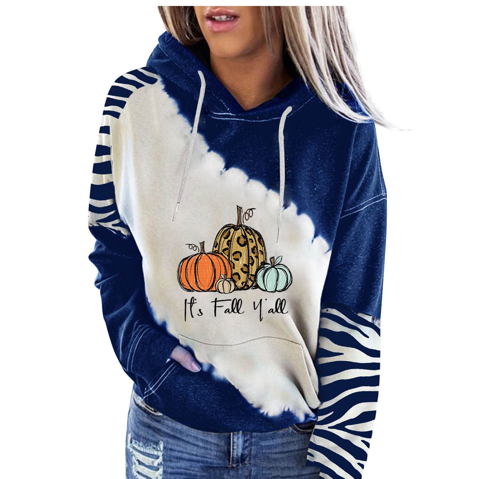 Women's Colorblock Drawstring Hooded Sweatshirt - Long Sleeve Pullover Hoodie with Pumpkin Print for Casual Wear, Fall Fashion & Outdoor Activities