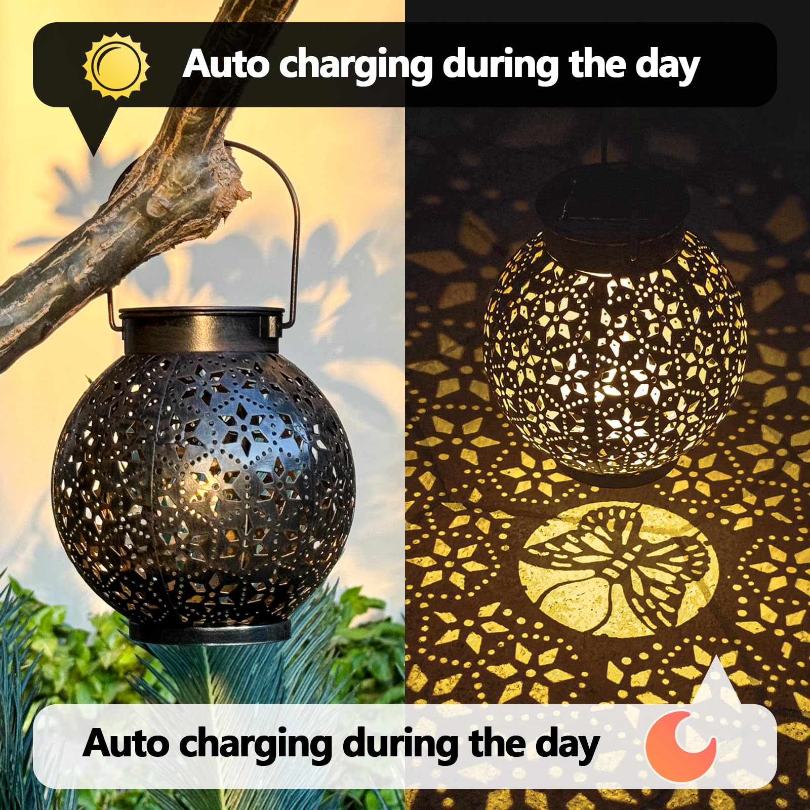 2 Pack Outdoor Solar Lantern Lights - Waterproof LED Moroccan Tabletop & Hanging Metal Garden Lights for Patio, Lawn, Porch, Backyard | Perfect for Evening Gatherings, Wedding Decor & Pathway Lighting