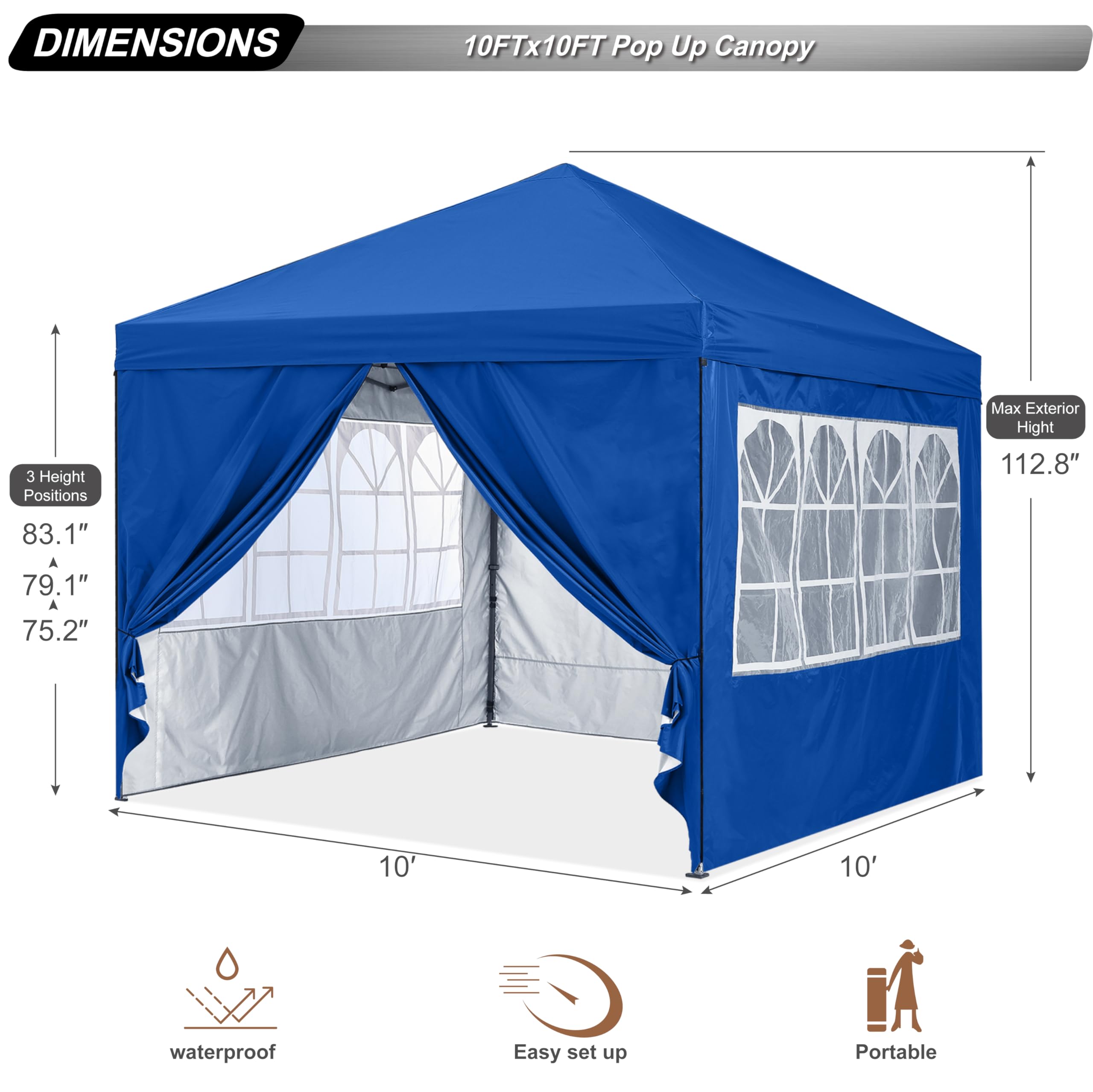 10x10 Pop Up Canopy Tent with Zippered Side Walls & Church Windows - ABCCANOPY Instant Shelter Includes 4 Weight Bags (Royal Blue) - Perfect for Outdoor Events, Farmers Markets, Church Gatherings & Beach Parties