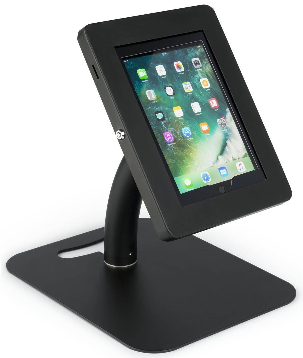 Adjustable Black Tablet Floor Stand with Locking Enclosure for iPad & Android Devices - Secure Countertop Kiosk for Retail, Restaurant & Trade Show Displays (IPEVRFLBK2)