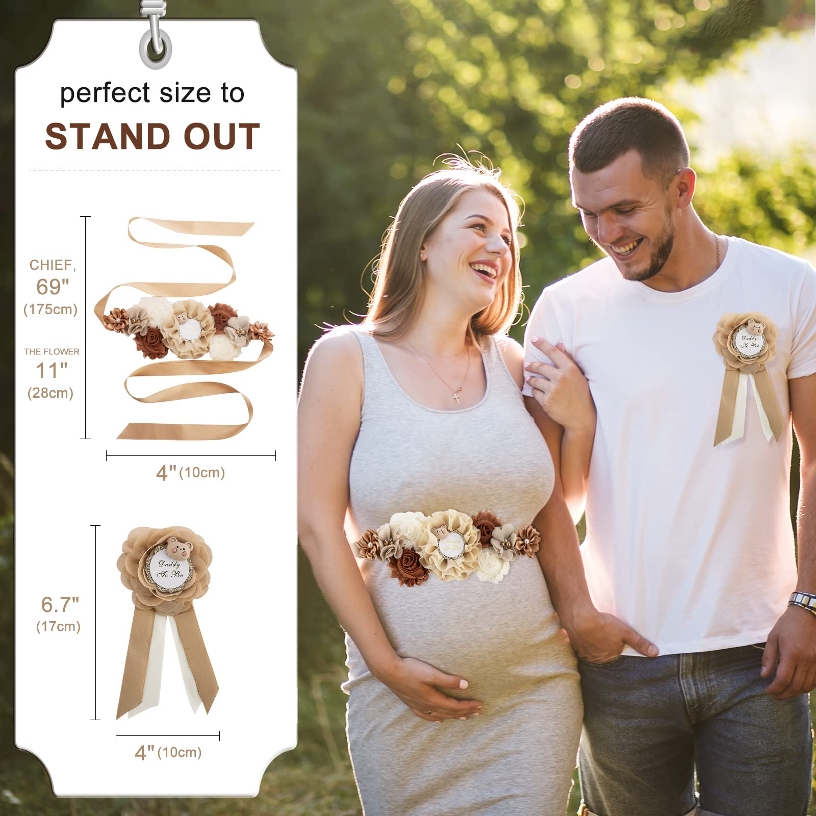 3PCS Teddy Bear Baby Shower Sash Set - Maternity Sash for Mom-to-Be, Gender Neutral Baby Shower Decorations, Photo Props & Party Favors (Brown) - Perfect for Gender Reveal, Baby Shower Decor & Photography Backdrops