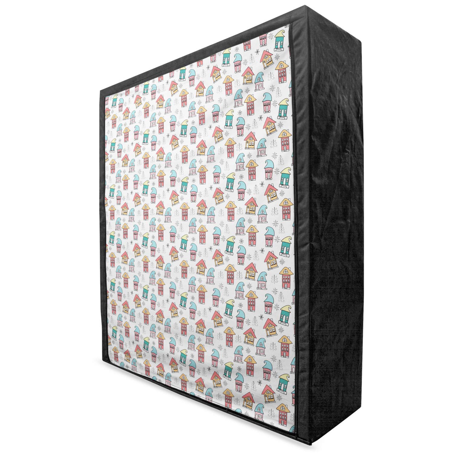 Ambesonne Christmas Portable Fabric Wardrobe - Noel Themed Elf Houses with Hats, Doodle Trees & Snowflakes Design - 59