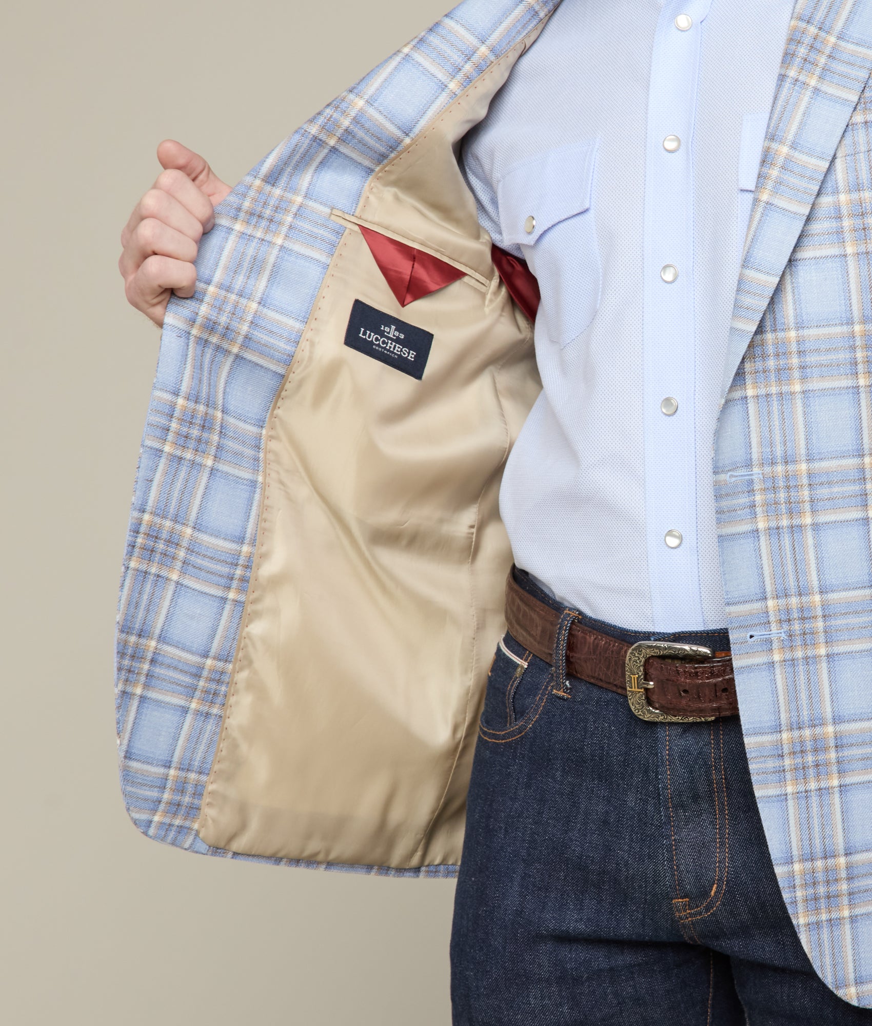 Lucchese Men's Light Blue and Tan Plaid Sport Coat - Stylish Casual Blazer for Outdoor Events and Business Casual Wear