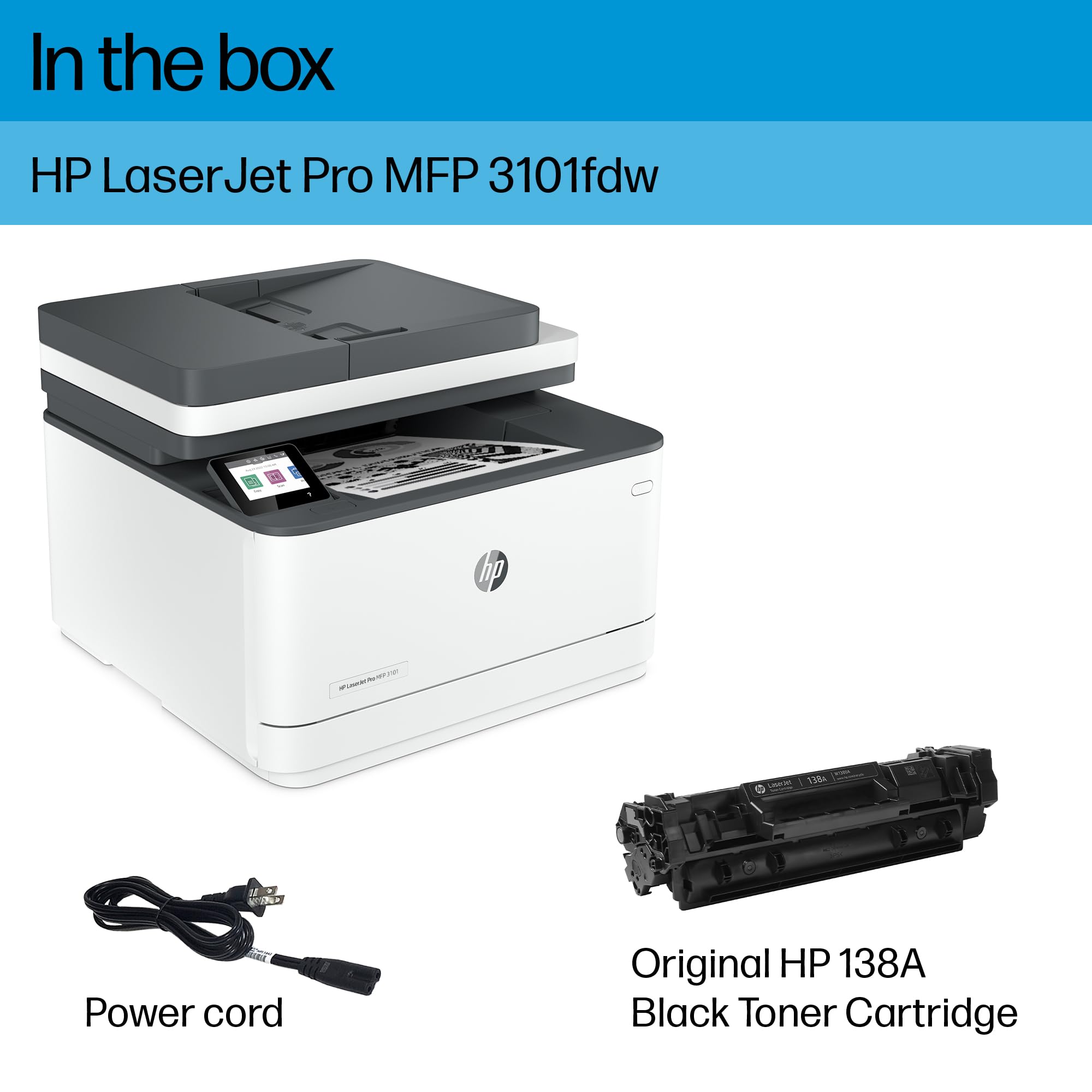 HP LaserJet Pro MFP 3101fdw Wireless All-in-One Laser Printer - Black & White Printing, Scanning, Copying & Faxing | Fast Office Printer with Automatic Document Feeder | Ideal for Home Office & Small Business (3G628F)