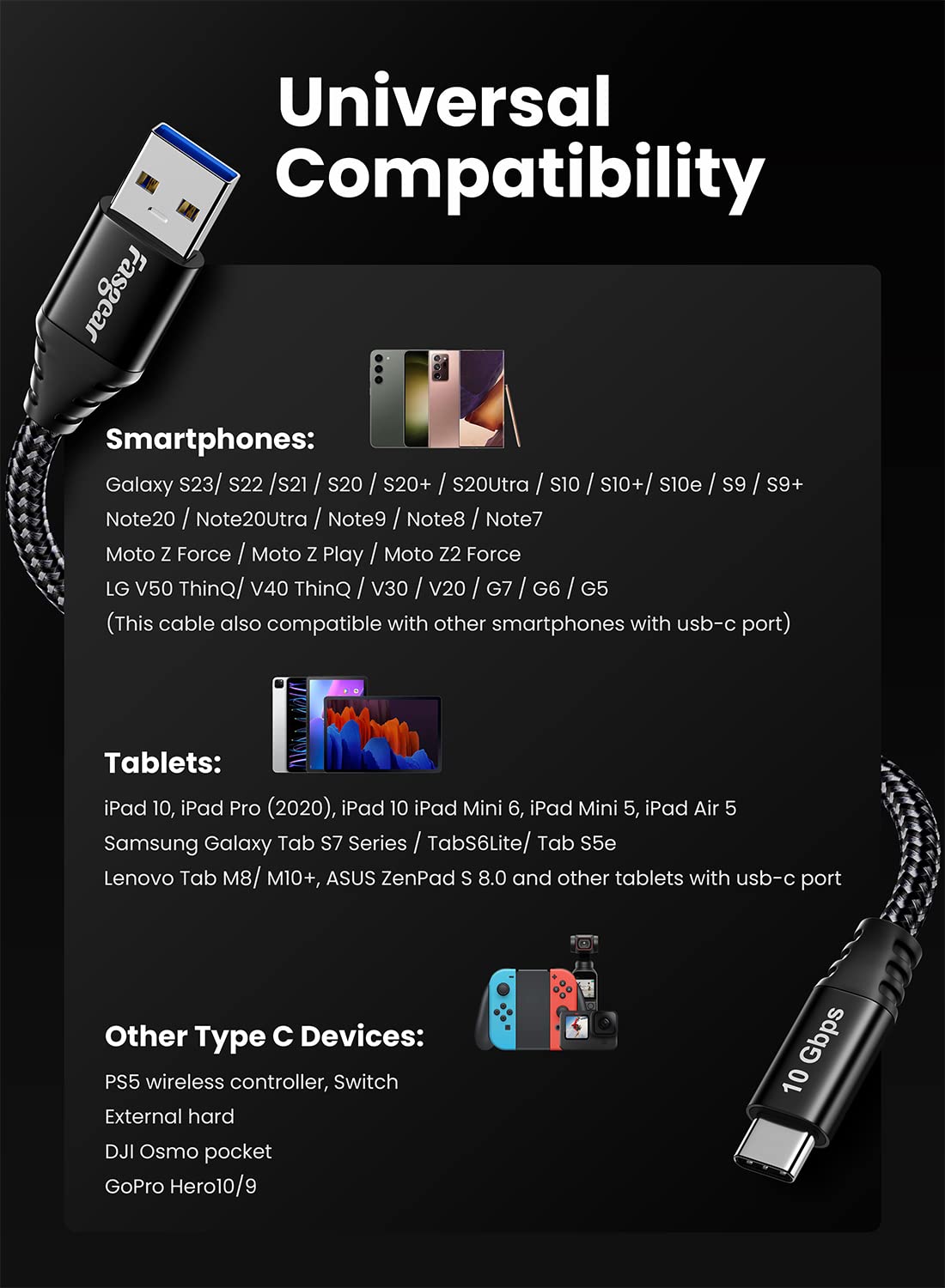 Fasgear 4.9ft USB C to USB A Cable 10Gbps Fast Charging & Data Sync - 3.2 Gen 2 Braided Nylon Cord for Galaxy S23, PS5 Controller, X-box Series, Portable SSD - Perfect for Gaming, Travel & Office Use