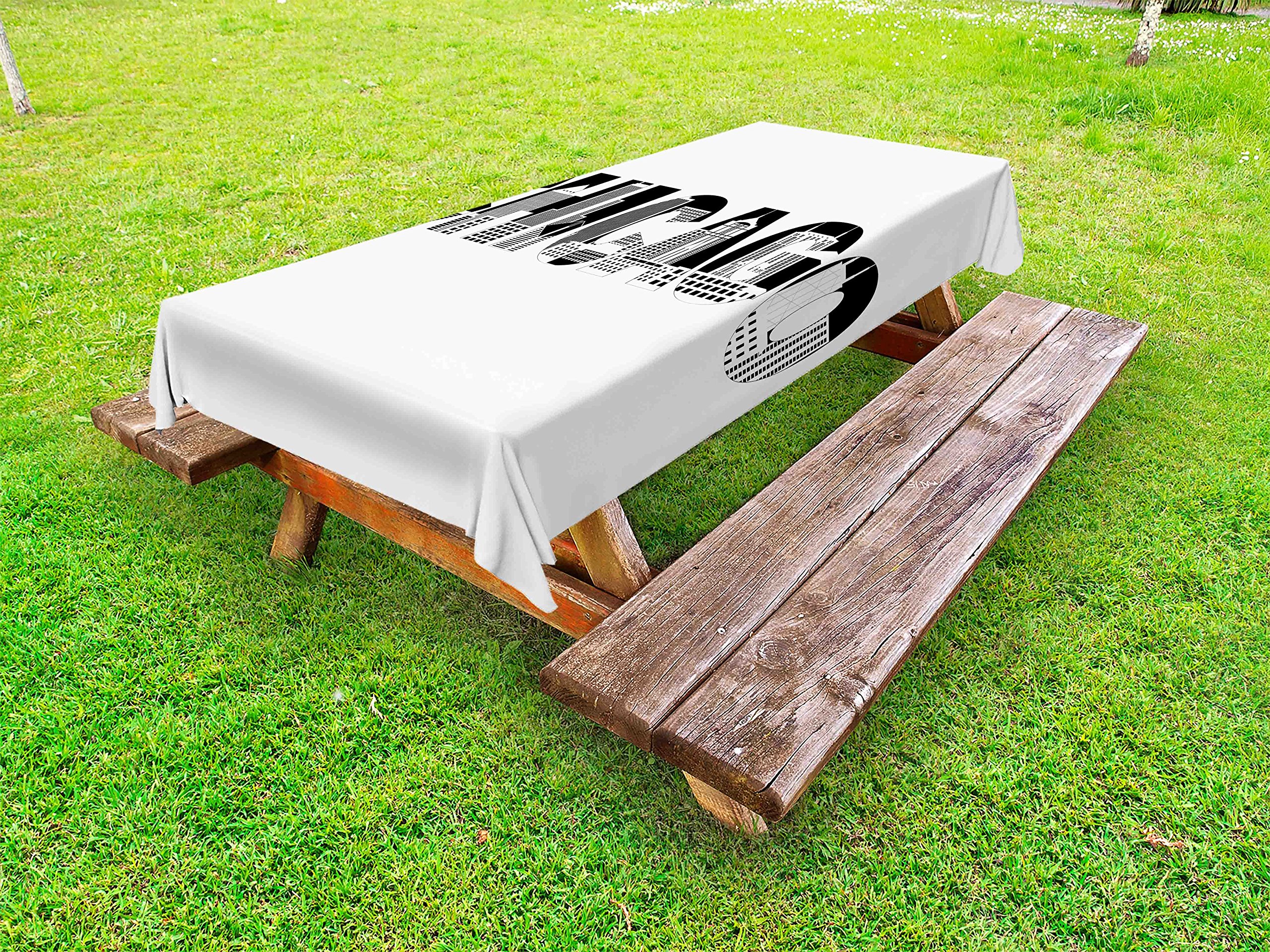 Ambesonne Chicago Skyline Outdoor Tablecloth - Black and White Abstract Cityscape Design, Washable Picnic Table Cover 58x104 Inches - Perfect for Backyard BBQs, Patio Parties & Picnics