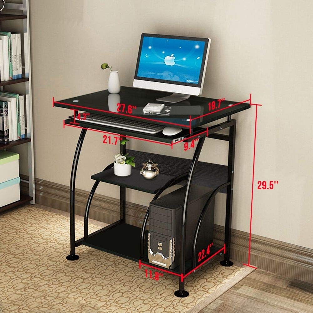 FCH Small Computer Desk with Keyboard Tray & Storage Shelves - Sturdy Steel Metal Standing Desk with Tempered Glass Top for Home Office, Gaming Setup & Workspace - Black Modern Workstation for Small Spaces