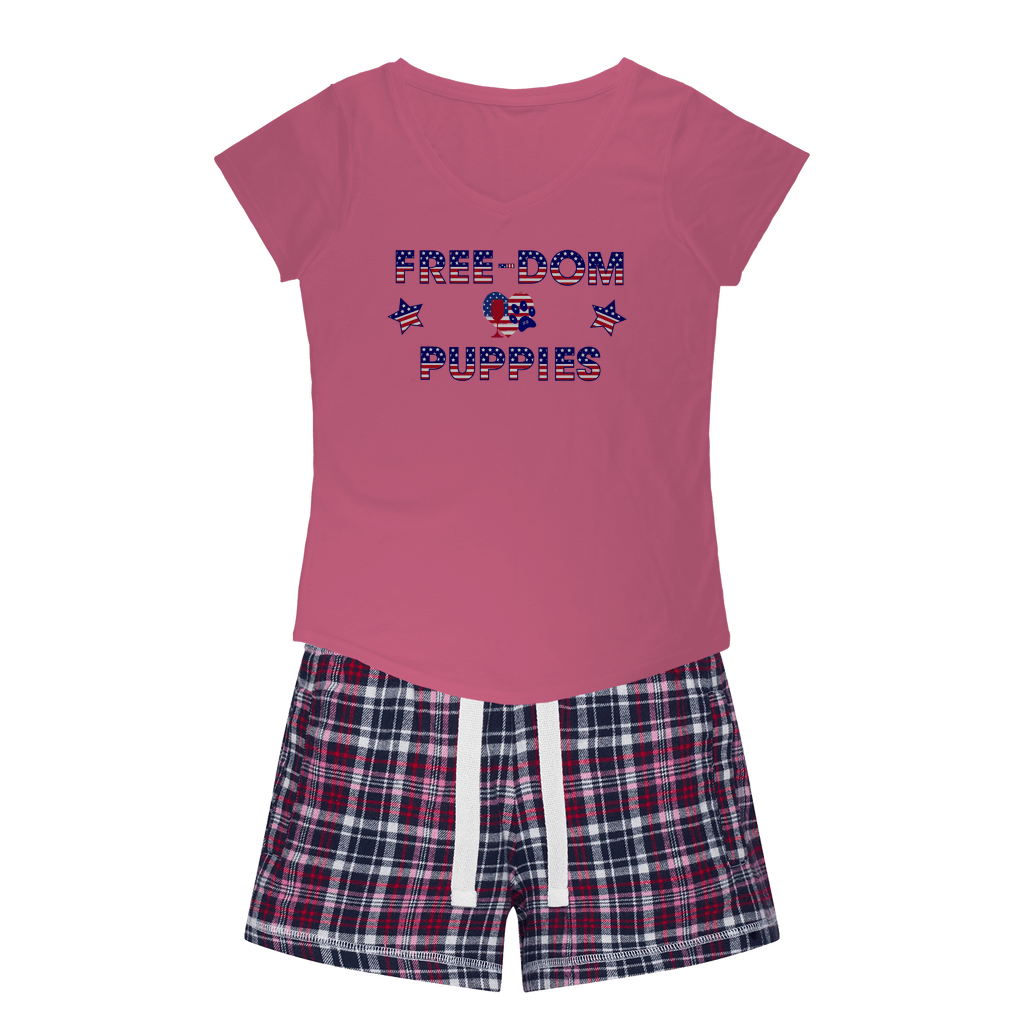 WineyBitches.Co Freedom Puppies Girls Sleepy Tee and Flannel Shorts - Cute Pajama Set for Girls, Comfortable Sleepwear for Kids, Cozy Loungewear for Sleepovers & Playdates