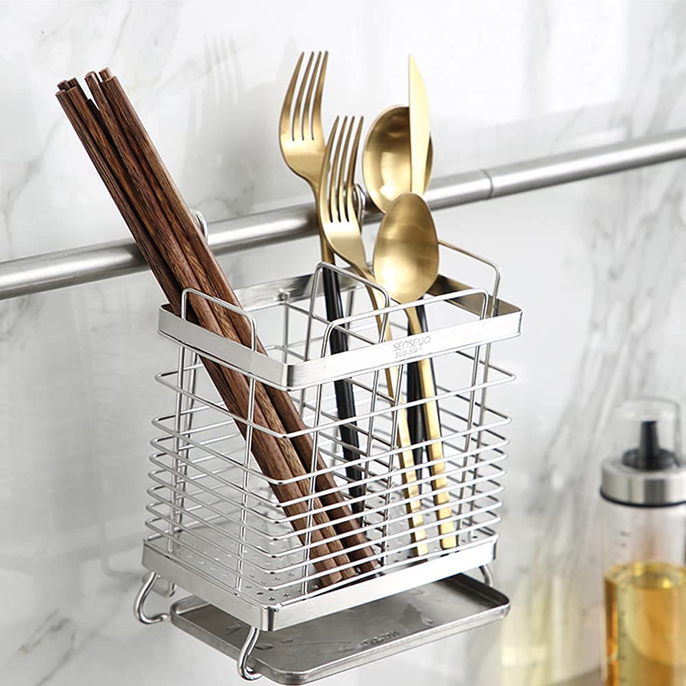 Premium 304 Stainless Steel 2-Tier Square Mesh Utensil Drying Rack - Chopsticks, Spoon, Fork & Knife Drainer Basket - Compact Flatware Storage Organizer for Kitchen Countertop, Dish Rack & Drip Tray