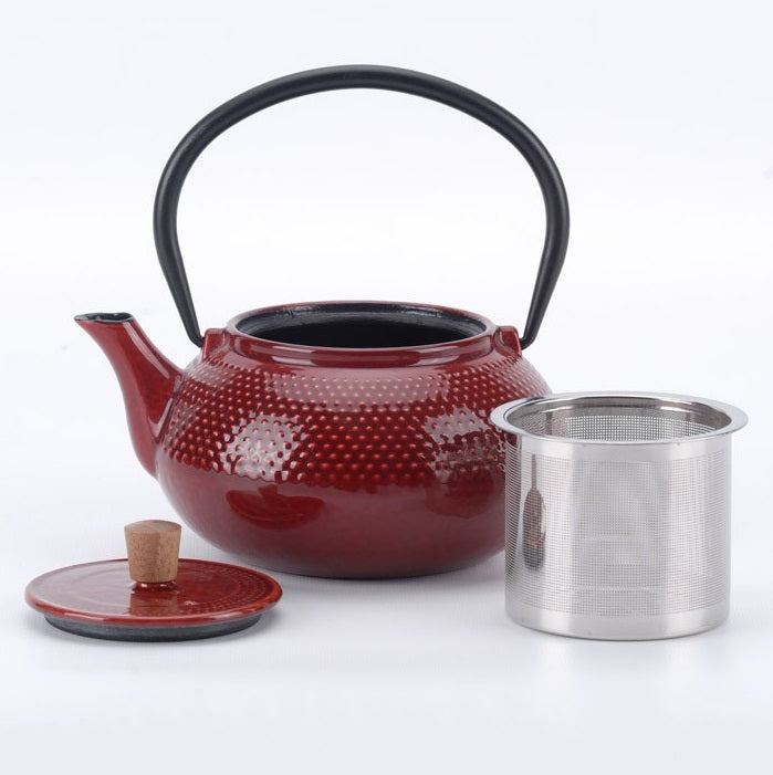 20Oz Red Enameled Cast Iron Tea Pot with Dot Pattern - Minimalist Design for Loose Leaf Tea Brewing - Perfect for Home, Office & Gift Giving