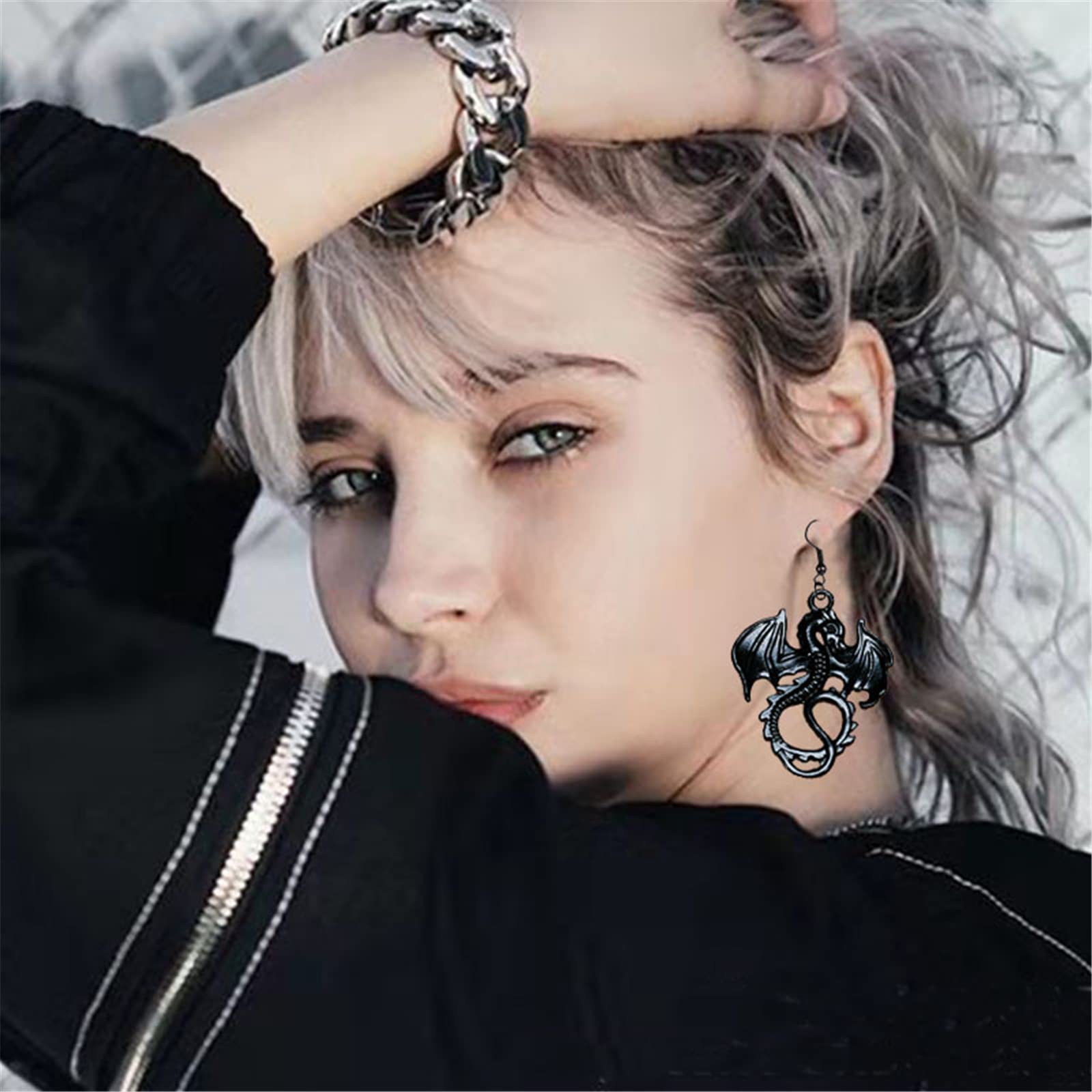 WCRAZYE Punk Party Black Dinosaur Earrings for Women & Men - Handmade Enamel Cartoon Animal Dangle Earrings, Cool Funny Jewelry Gift for Costume Parties, Halloween, Cosplay & Alternative Fashion