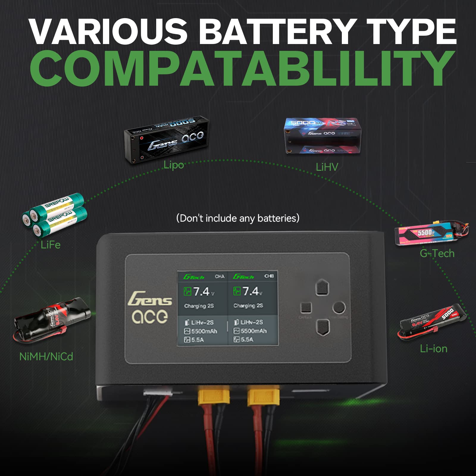 Gens Ace IMARS D300 G-Tech Series Smart Dual Lipo Battery Charger - 16A AC 300W DC 700W Fast Charging for RC Cars, Drones & Airsoft - Black - Perfect for Hobbyists & Professional RC Enthusiasts