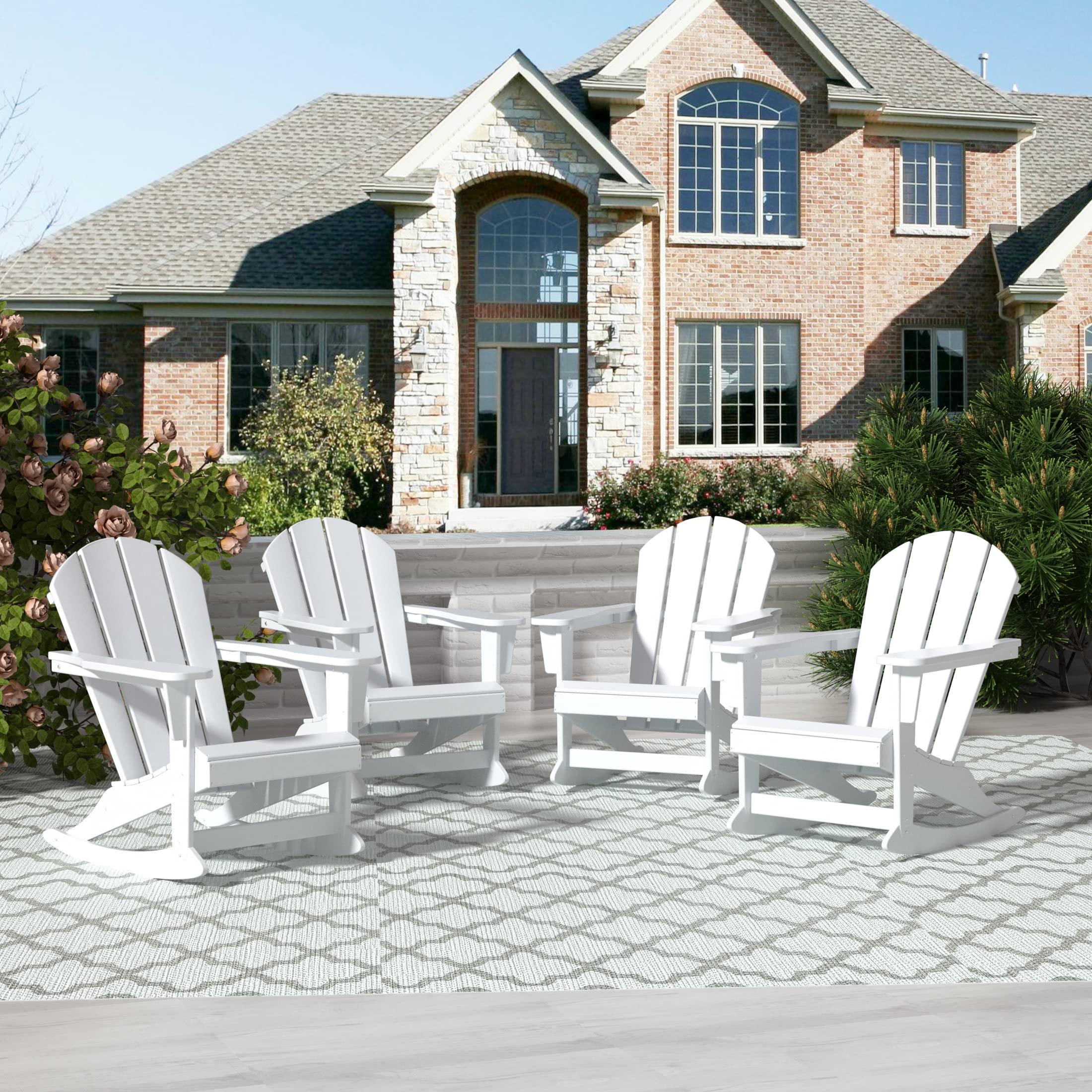 WO Home Furniture 4-Piece Patio Rocking Chair Set - Classic Outdoor HDPE Rocking Chairs with UV & Weather Resistance (White) - Perfect for Garden, Porch, Poolside & Backyard Relaxation